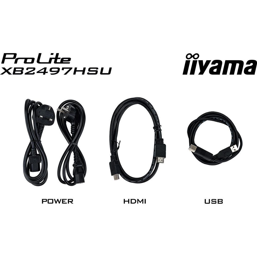 Tres cables negros: alimentación, HDMI y USB, con logo Iiyama.