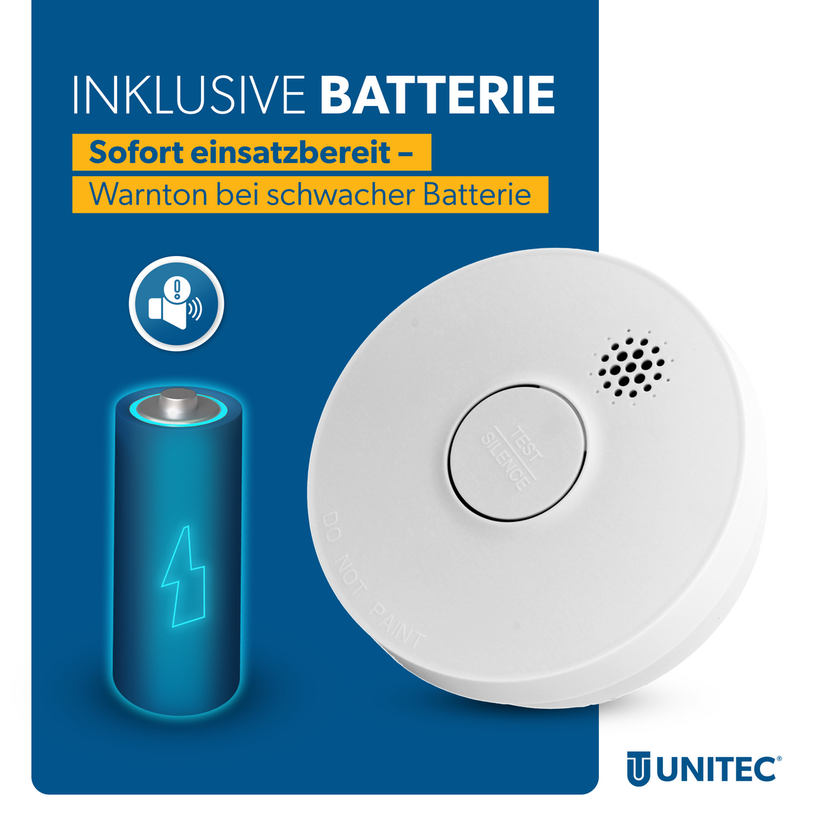 Rauchmelder mit inklusiver Batterie, sofort einsatzbereit. Warnt bei schwacher Batterie.