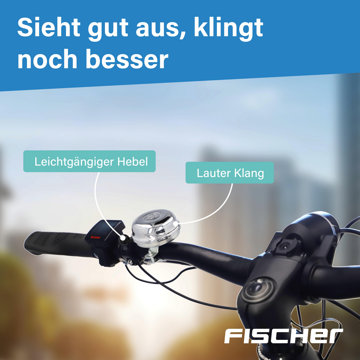 Fahrradlenker mit Klingel und Hebel. "Leichtgängiger Hebel", "Lauter Klang".