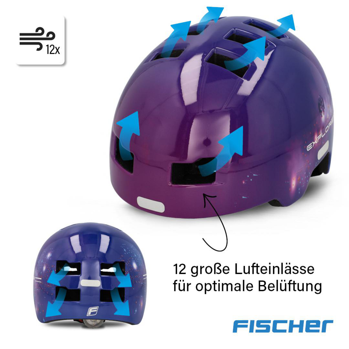 Ein violetter Helm mit blauen Pfeilen, die die Belüftung zeigen.