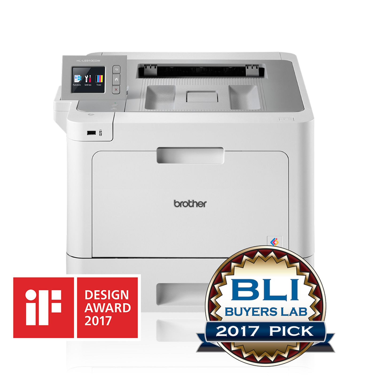 Een witte Brother laserprinter met touchscreen en prijzen.