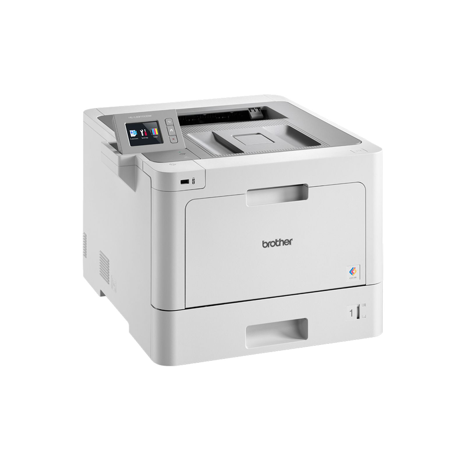 Een witte Brother laserprinter met kleurendisplay en papierlade op witte achtergrond.