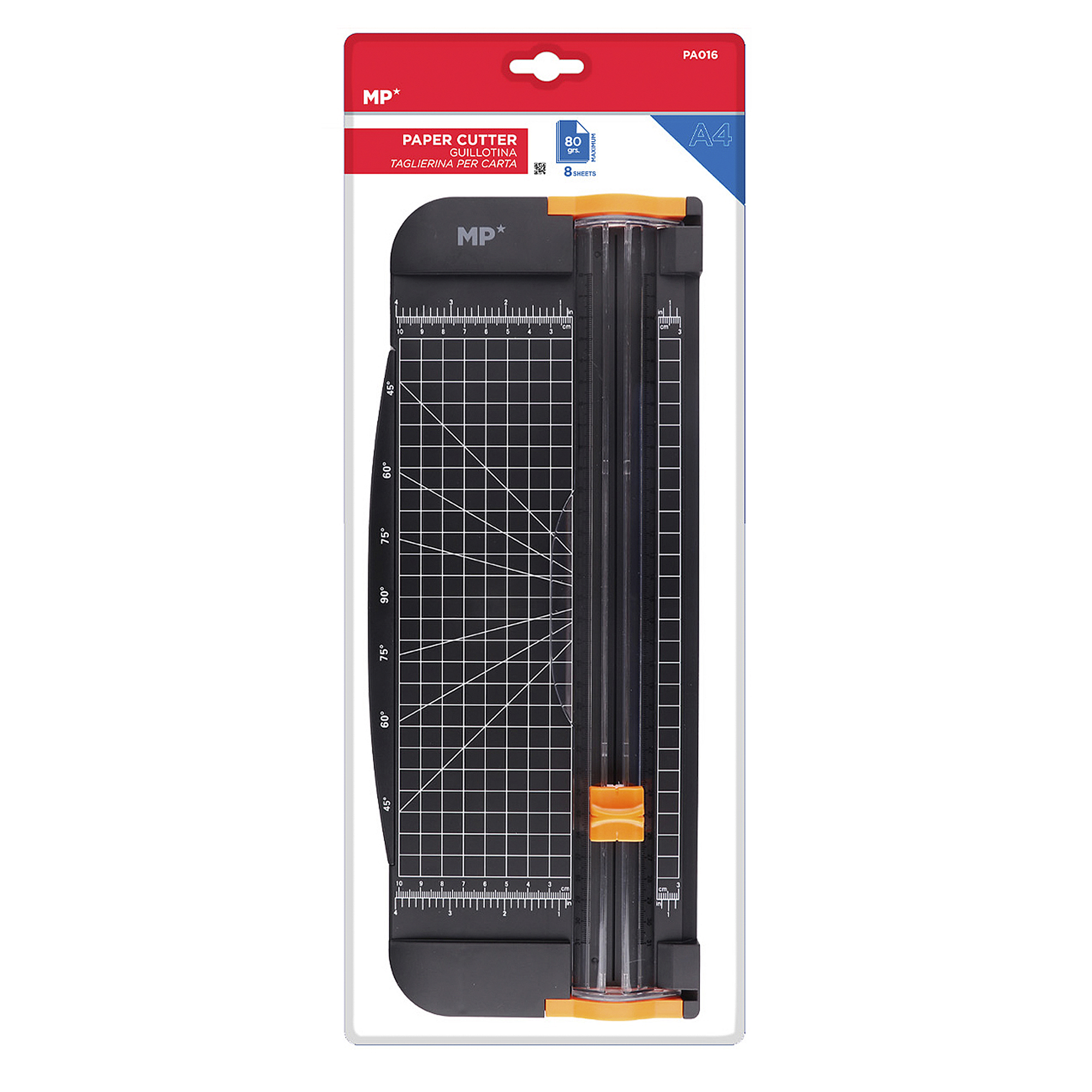 Taglierina per carta nera con carrello arancione e scala A4.