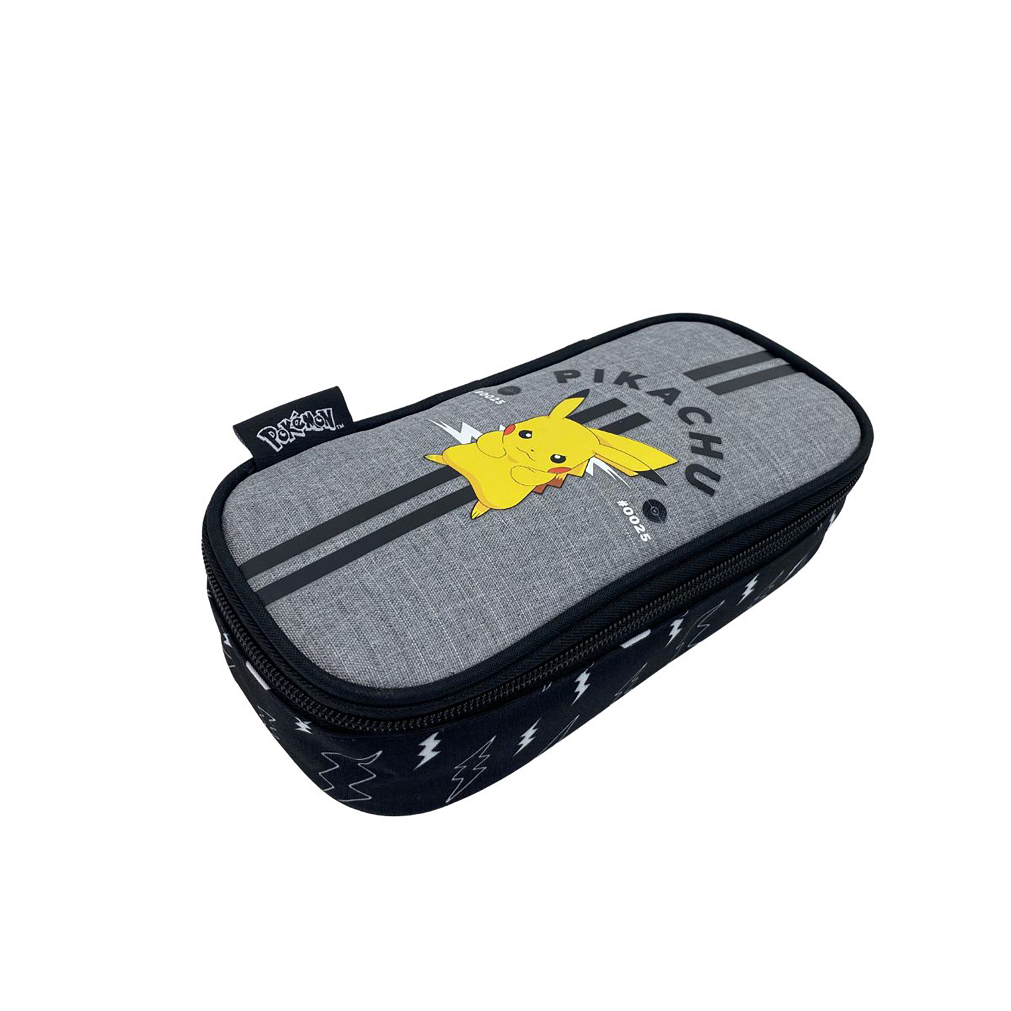 Astuccio grigio con stampa Pikachu e motivo a fulmine in basso.