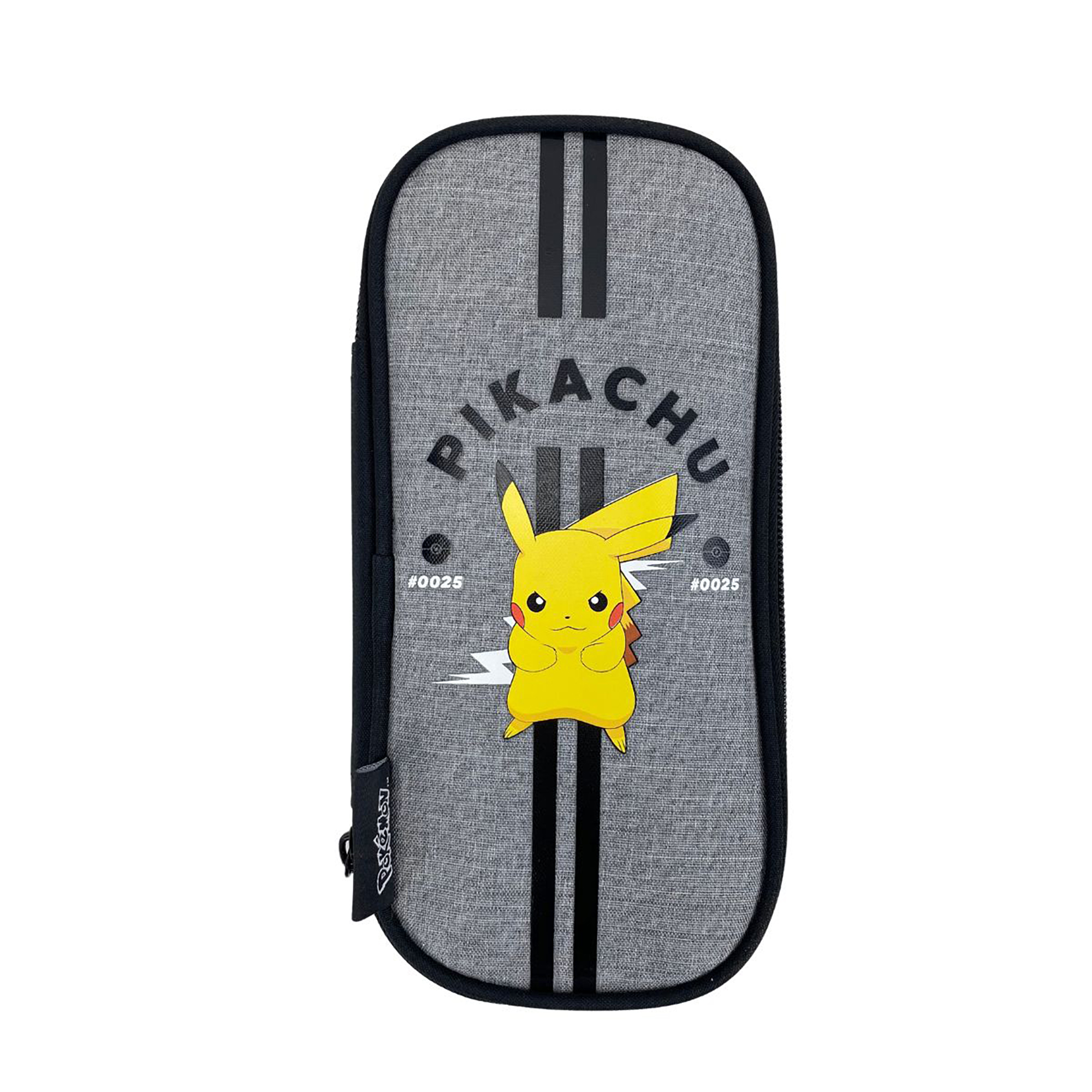 Astuccio grigio con stampa Pikachu e strisce nere.