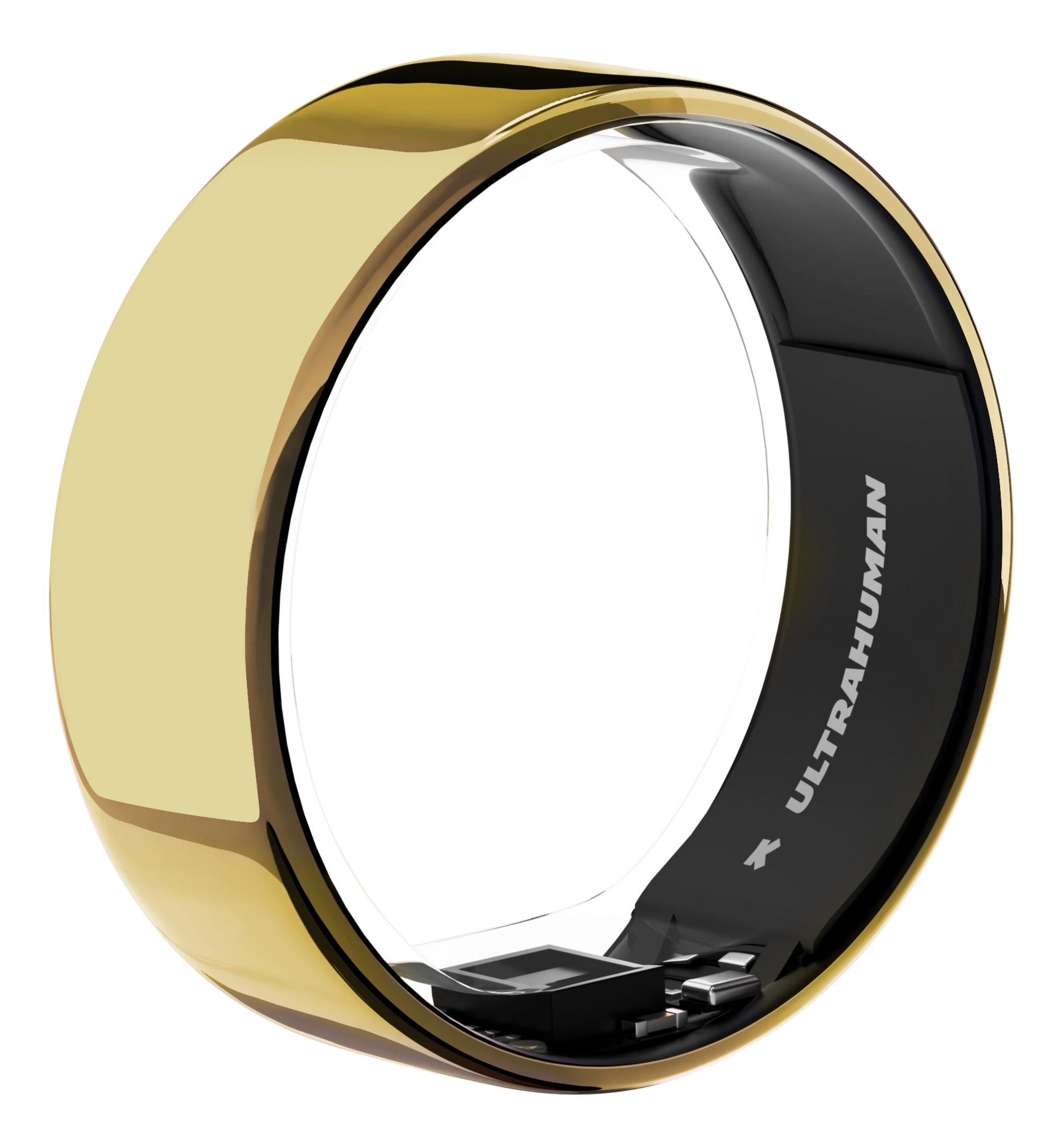 Złoty pierścień z czarną wewnętrzną opaską z logo ULTRAHUMAN.