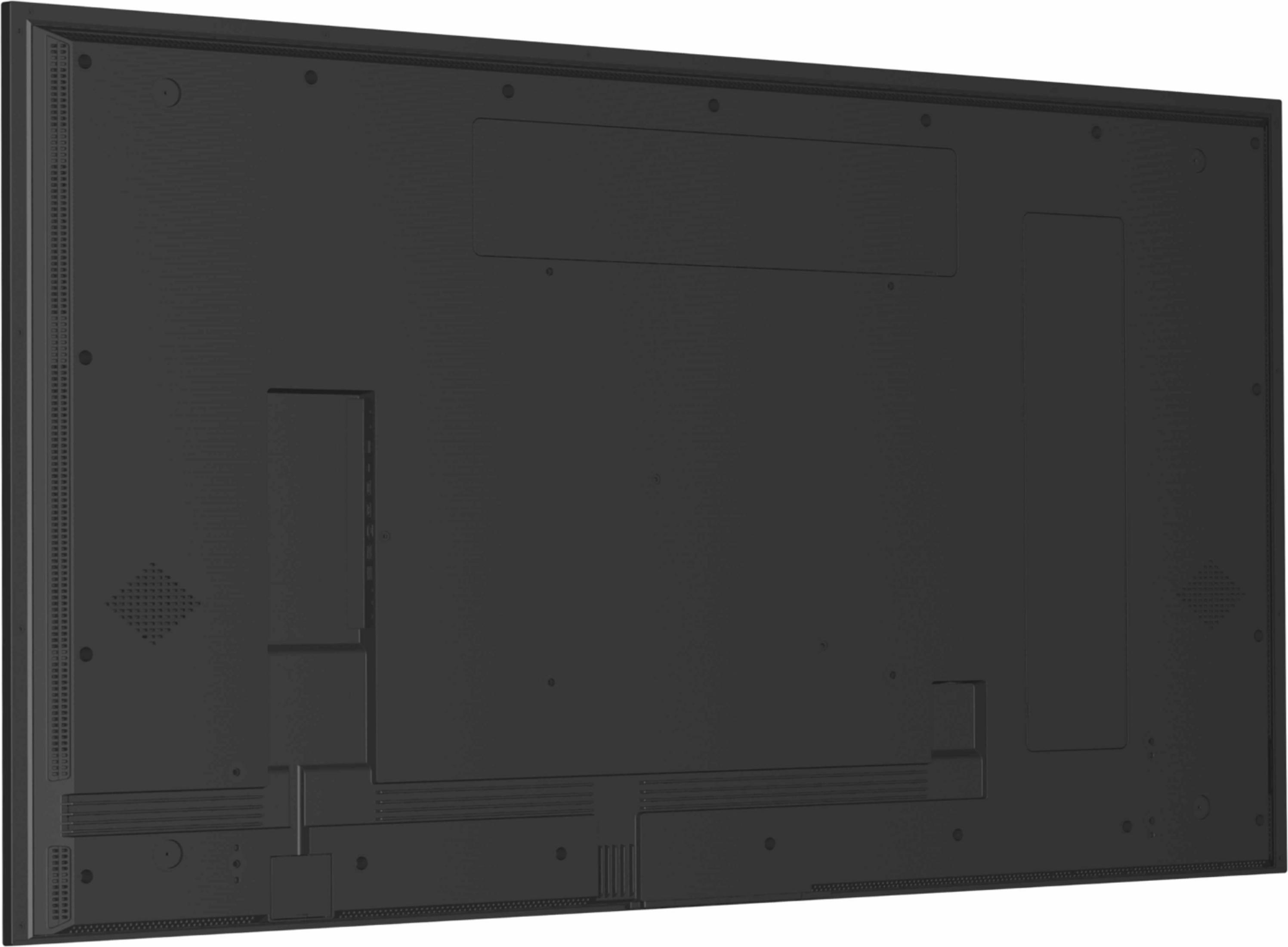 Back view of a black television with vents and ports. Textured surface.