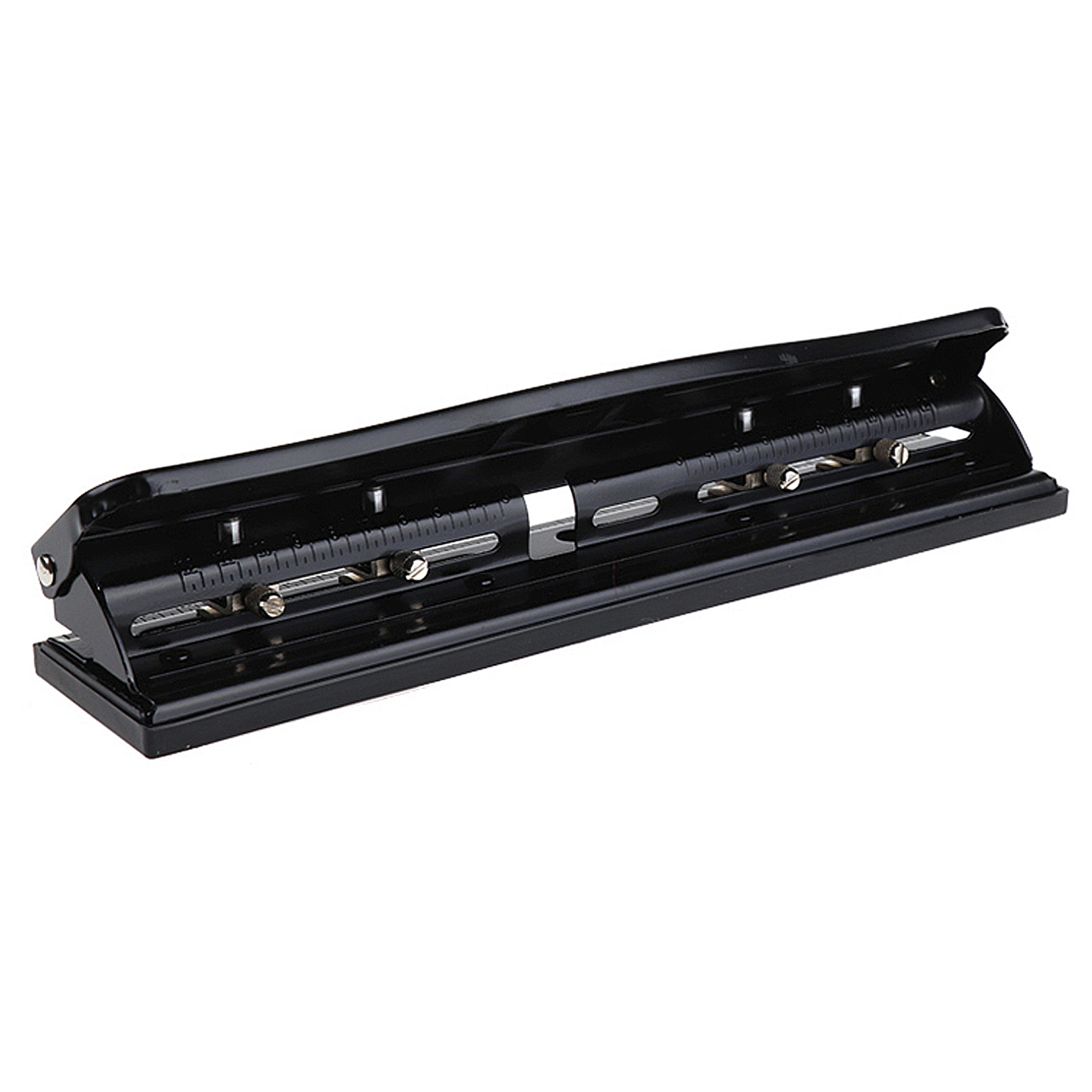 Perforatrice nera con parti metalliche e righello.