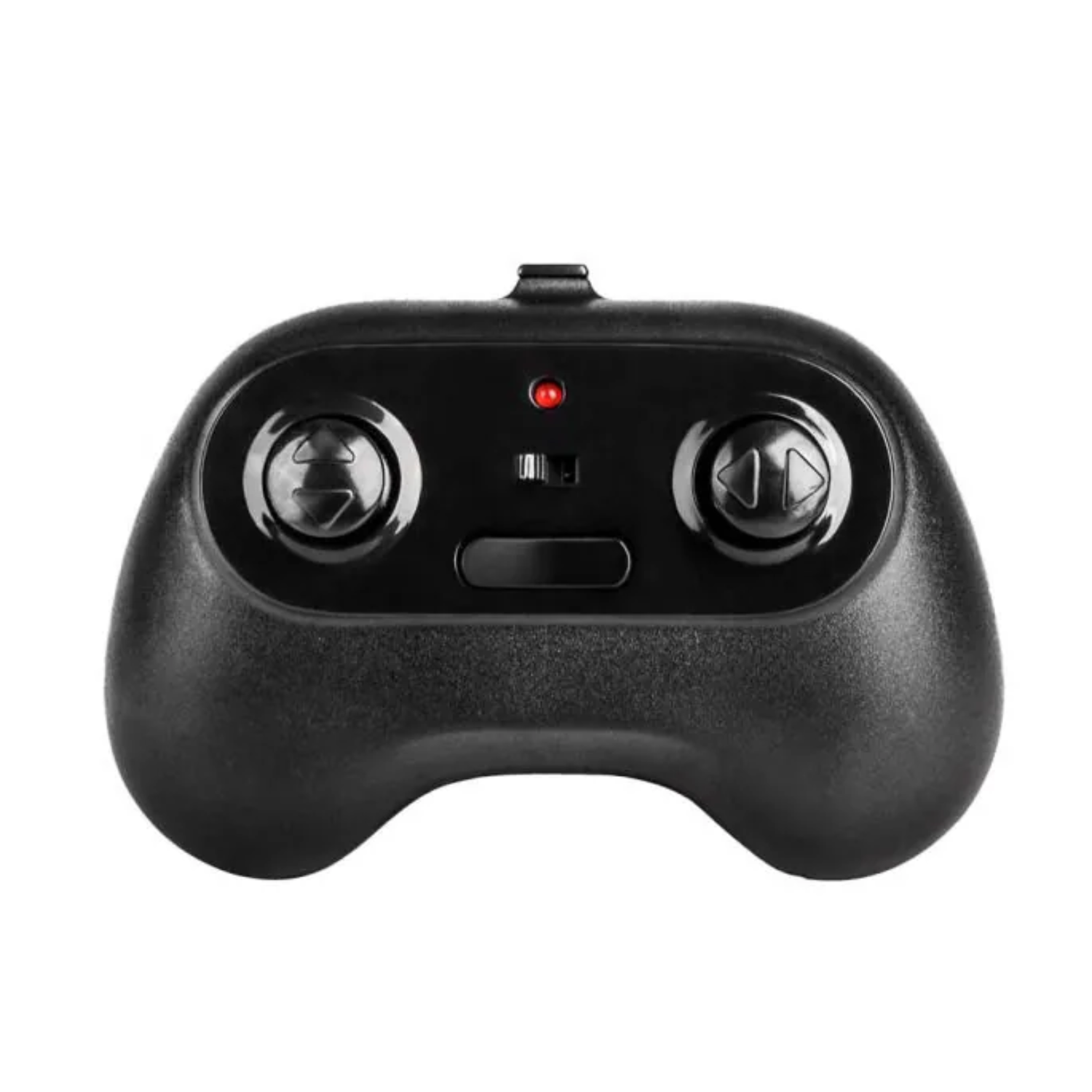 Een zwarte afstandsbedieningshandgreep met twee joysticks, knoppen en een rood LED-lampje.