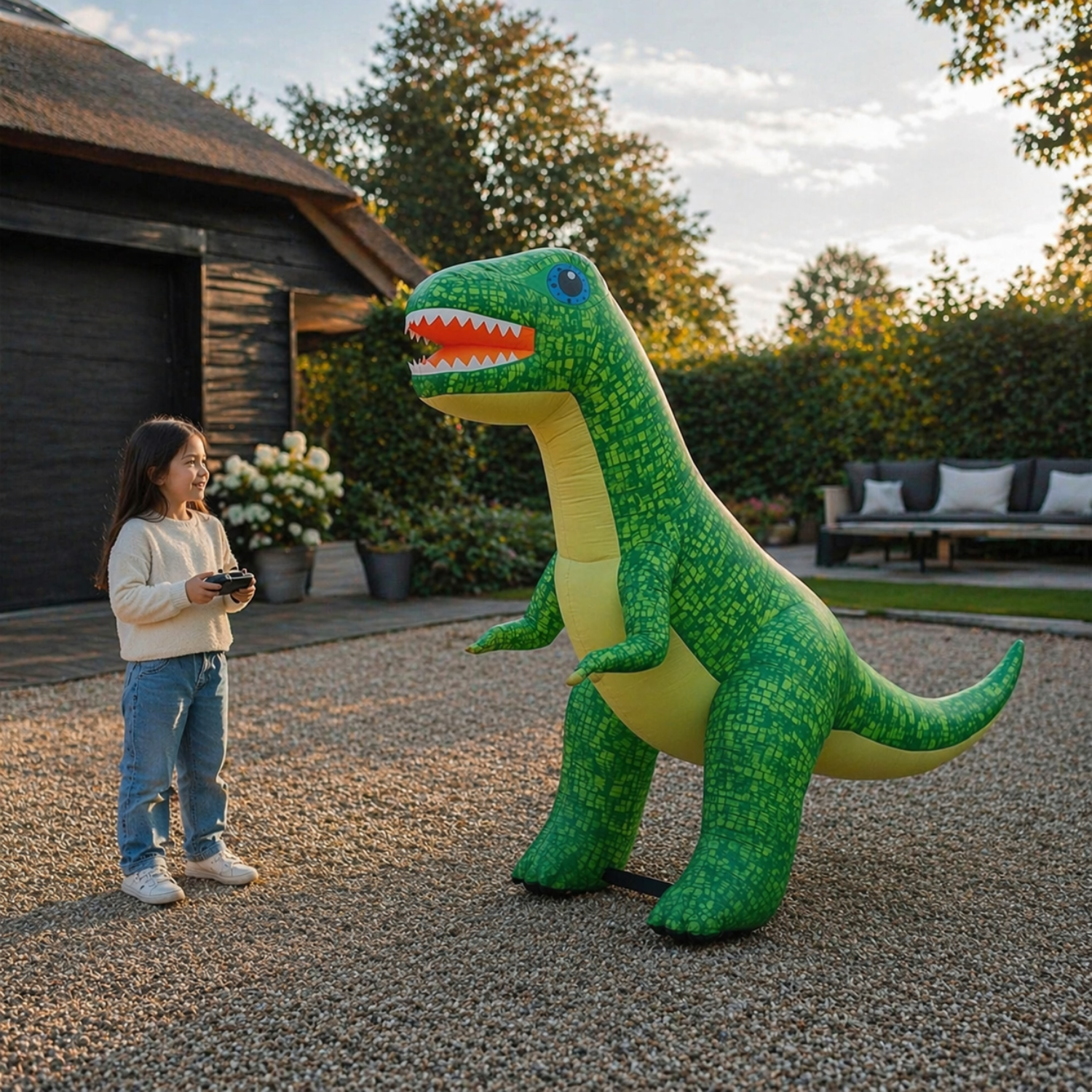 Meisje bestuurt een grote groene opblaasbare T-Rex dinosaurus in een tuin.