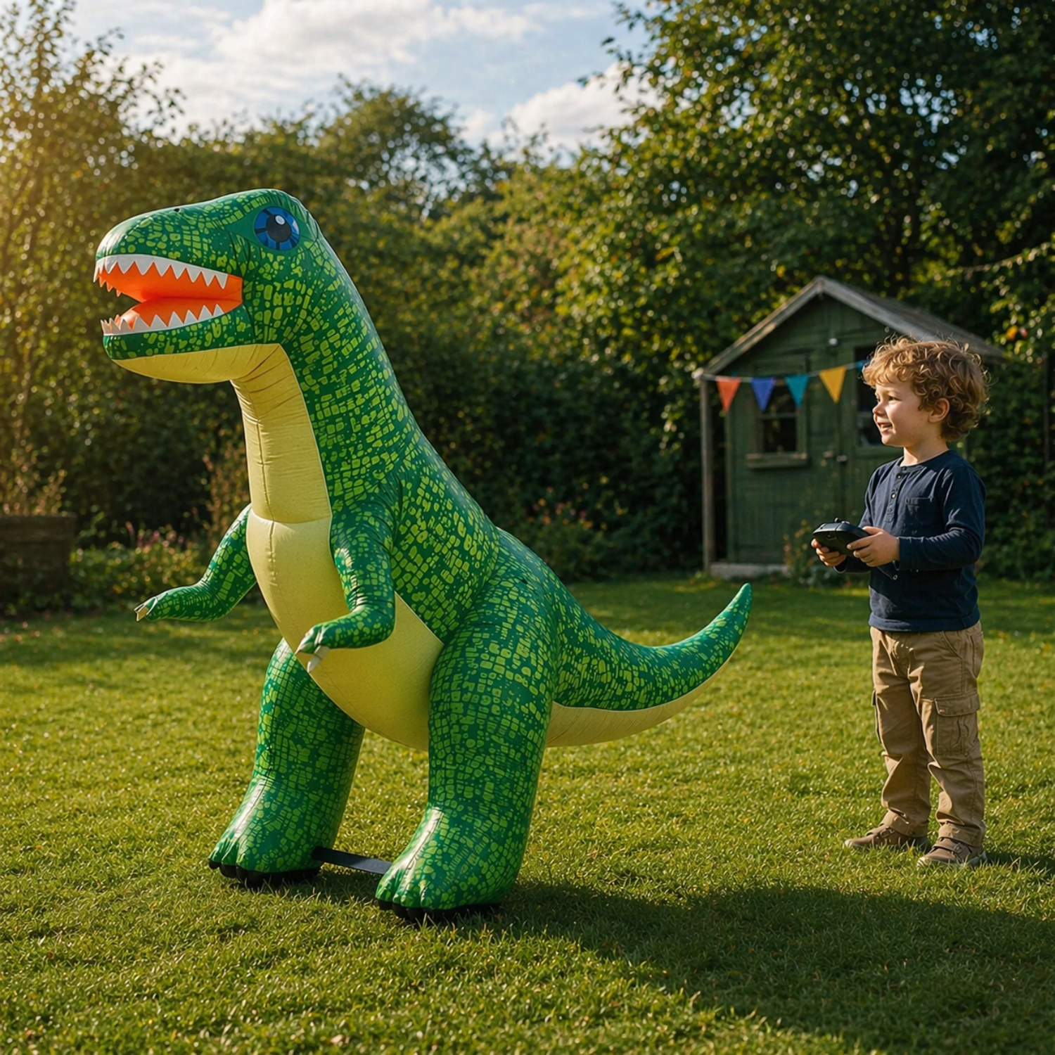 Een jongen bestuurt een opblaasbare groene dinosaurus in een tuin.