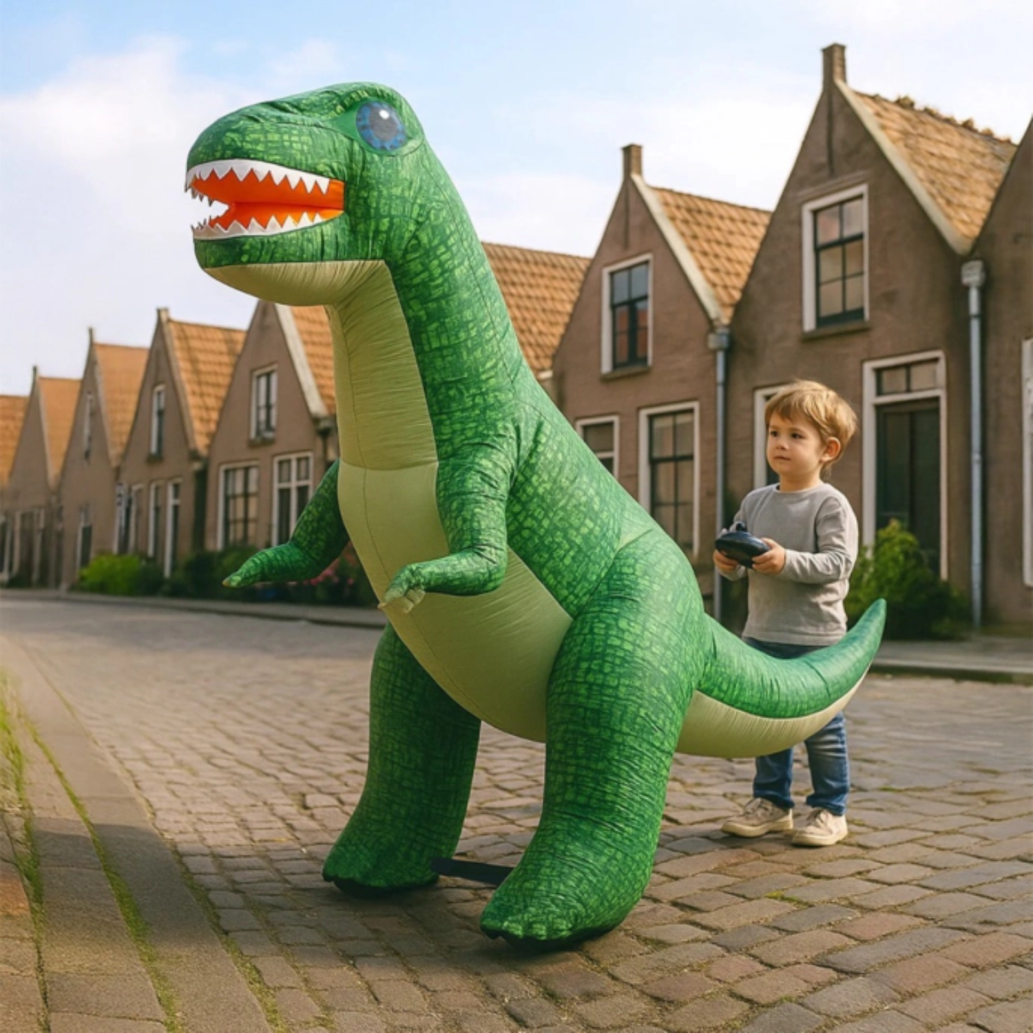 Een kind bestuurt een opblaasbare groene T-Rex op een geplaveide straat voor huizen.