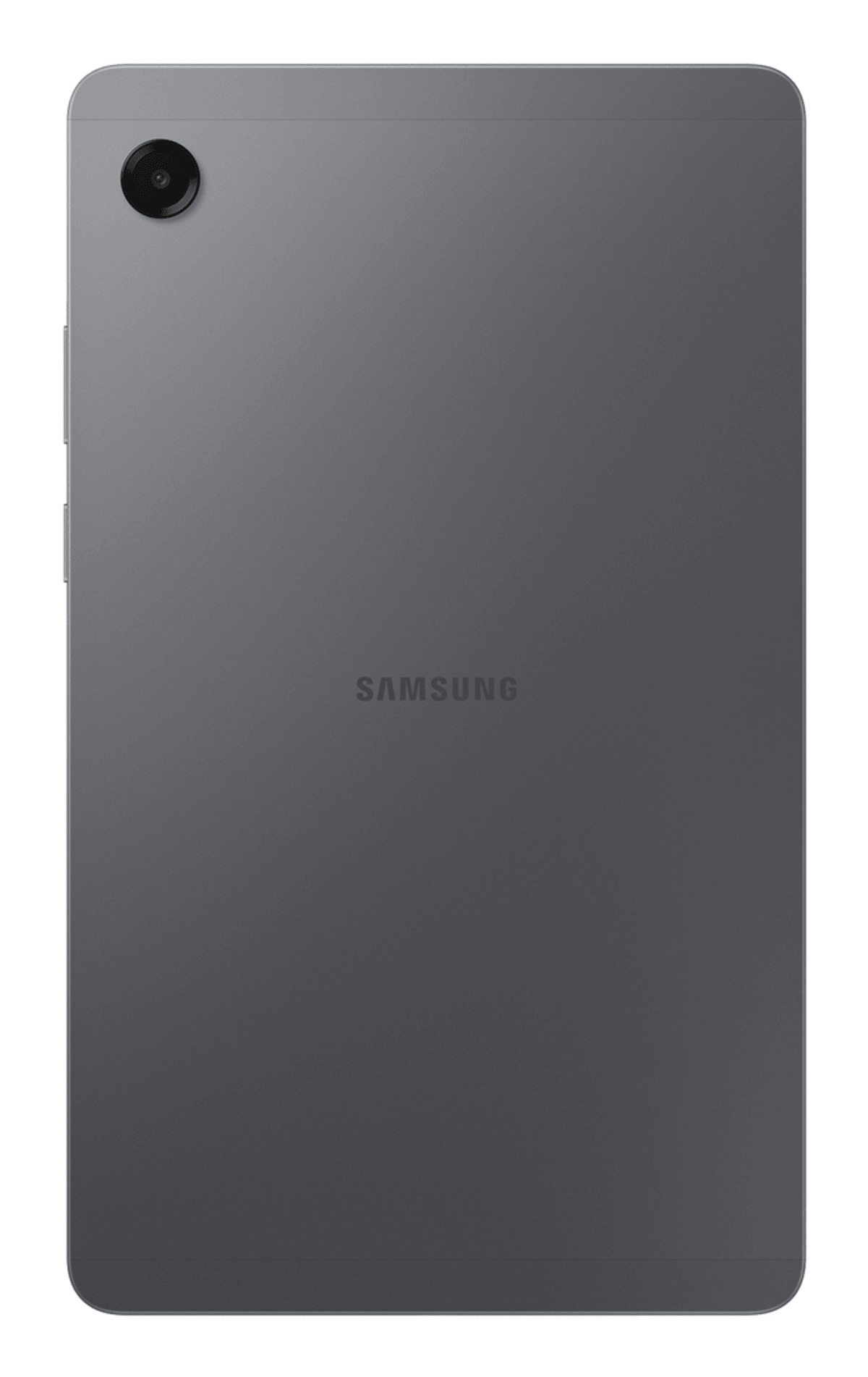 Rückseite eines grauen Samsung-Tablets mit Kameraobjektiv und Logo.