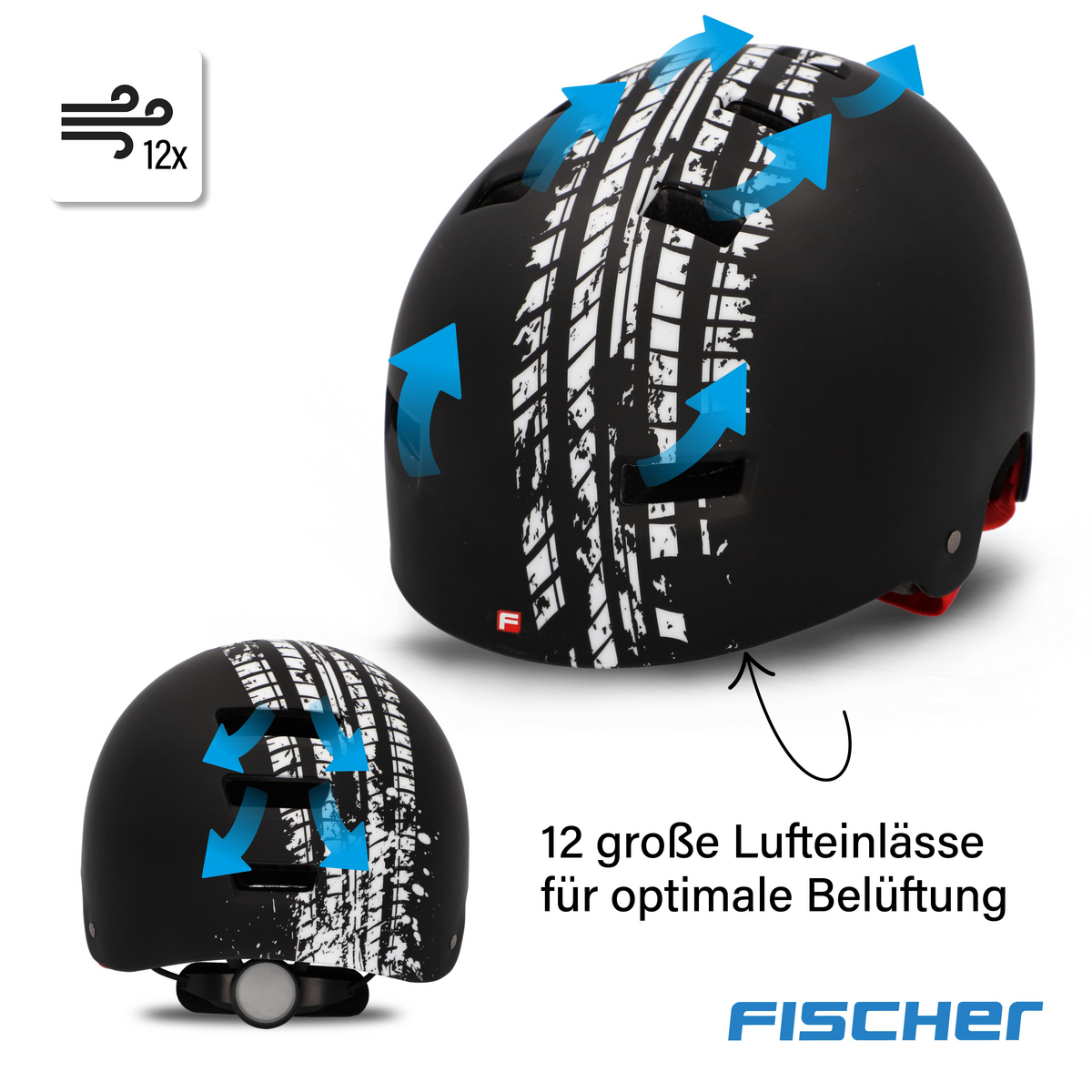 Schwarzer Fahrradhelm mit Reifenprofilmuster und blauen Pfeilen, die Belüftung anzeigen.