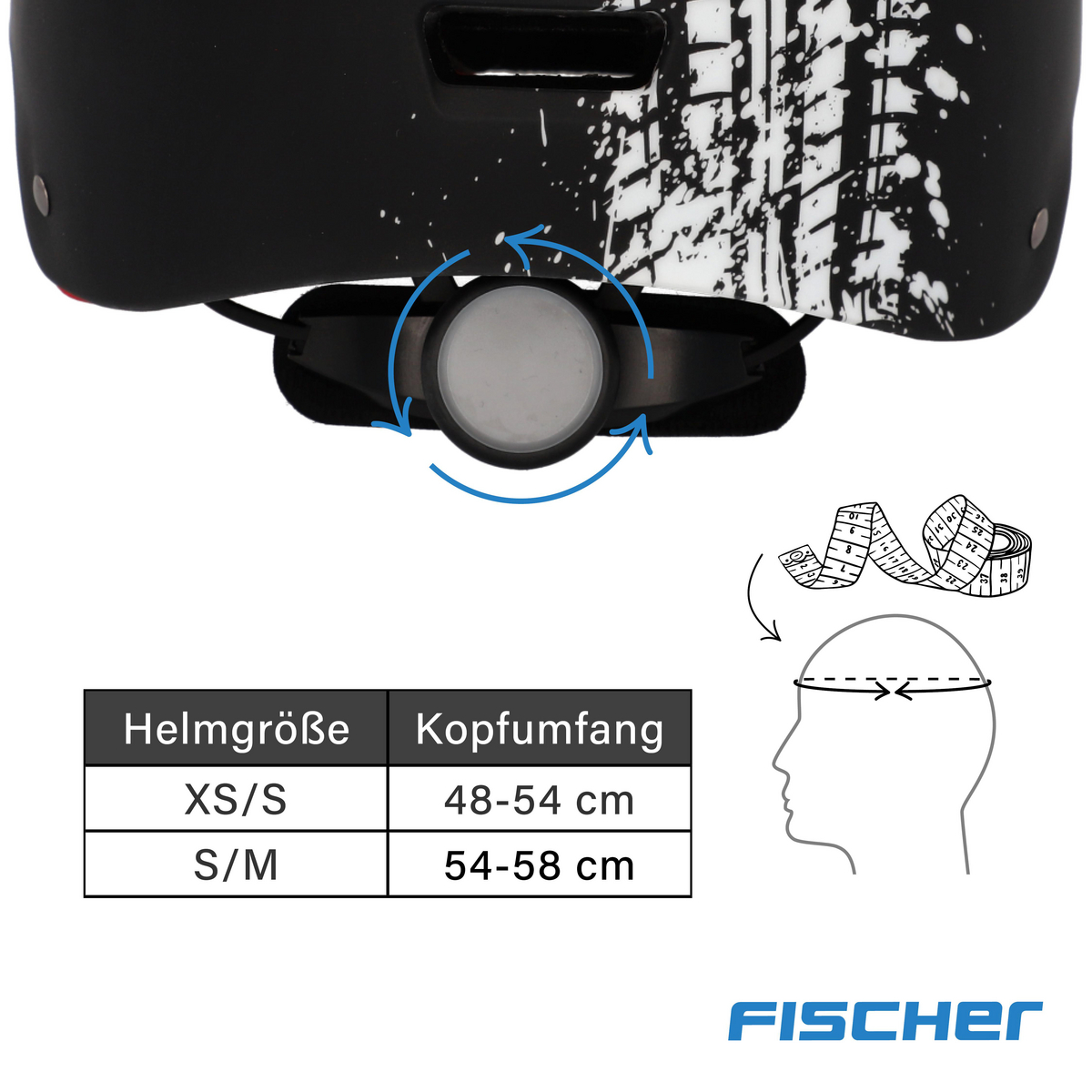 Fischer Helm mit Größen- und Kopfumfangstabelle und Messband-Illustration.