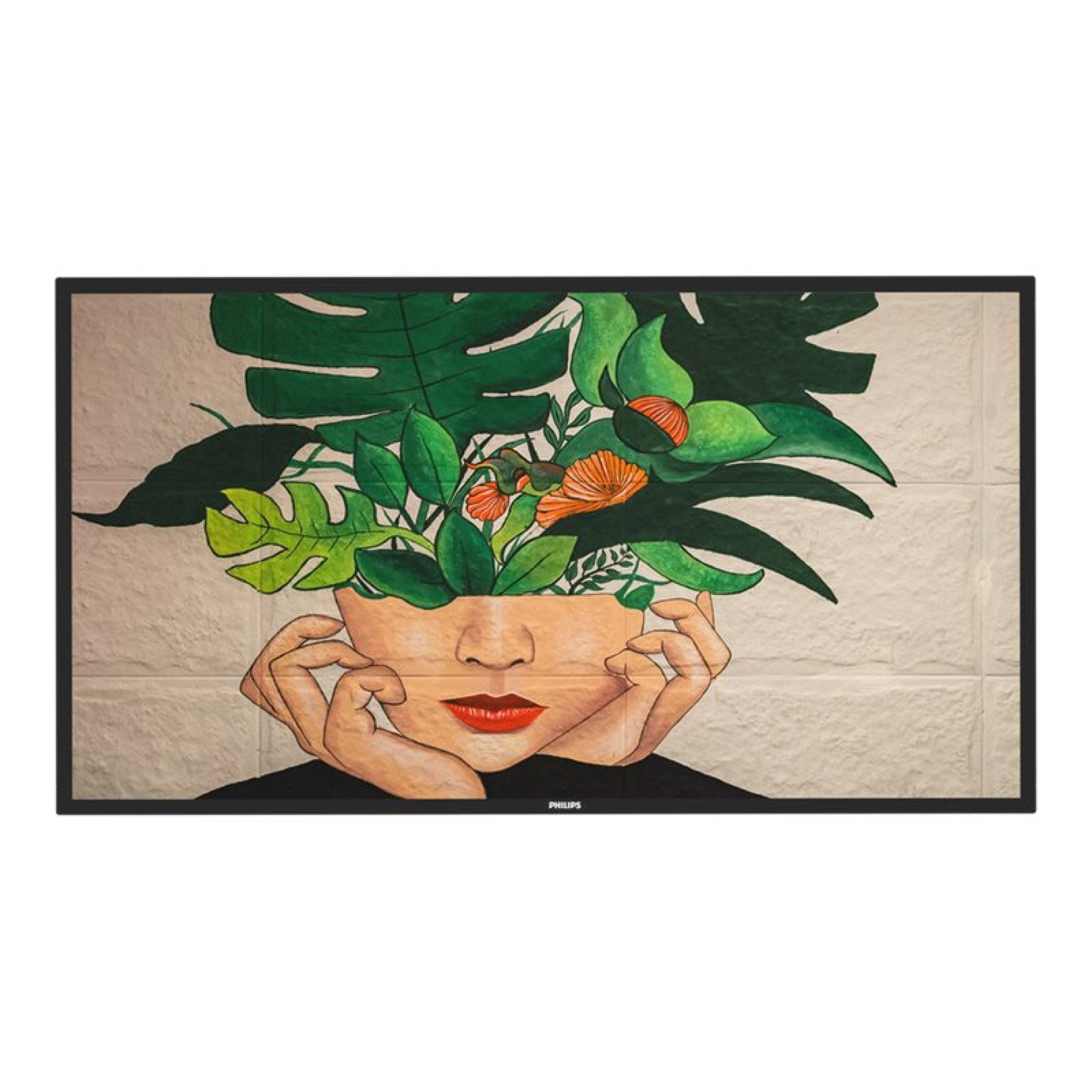 Pintura de una mujer con flores en el pelo, sujetándose la cara con las manos.