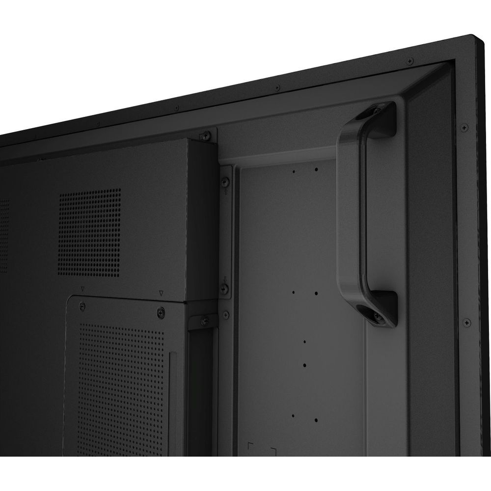 Parte trasera de un dispositivo negro con asa y rejillas de ventilación.