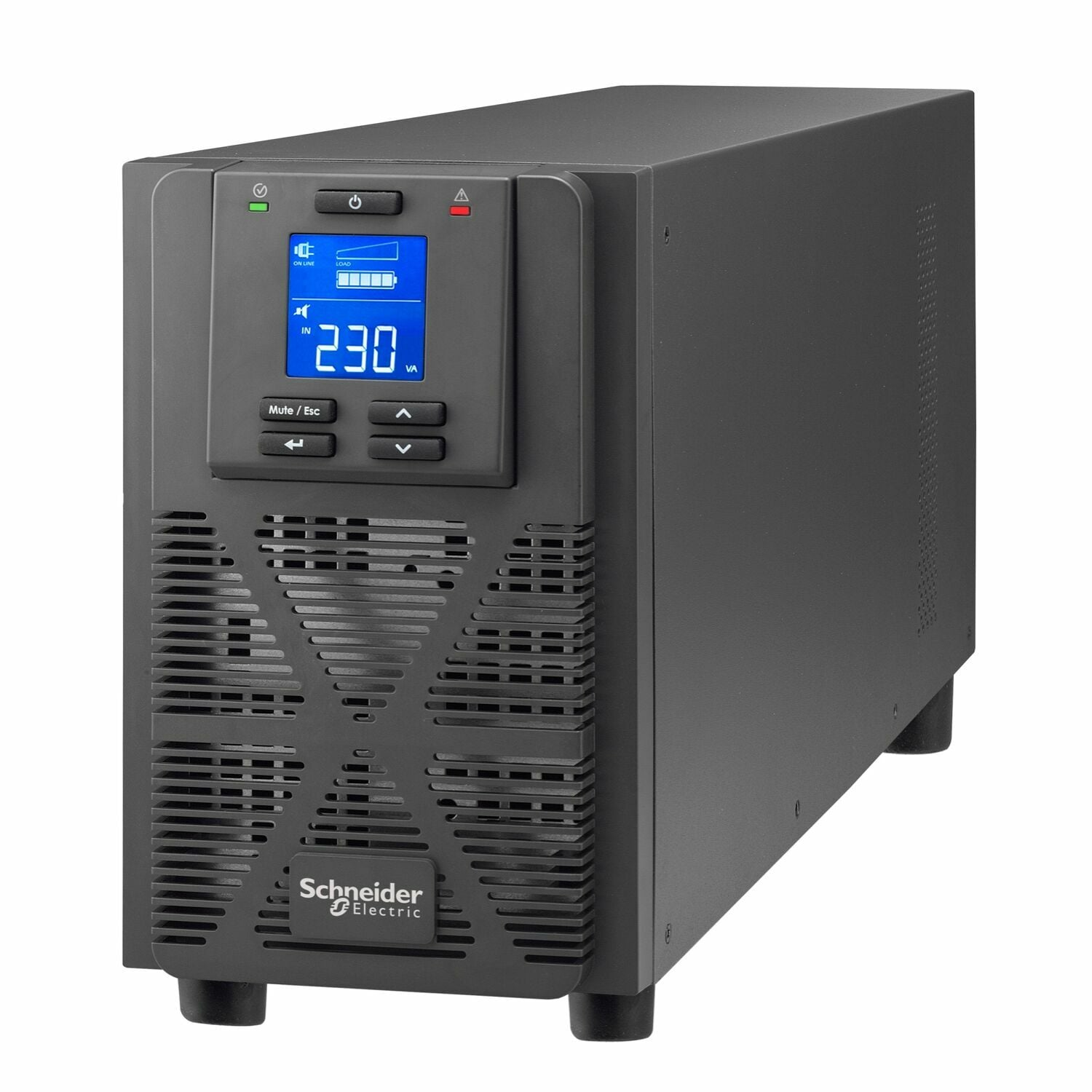 230 VA gösteren mavi LCD ekrana sahip siyah Schneider Electric UPS.