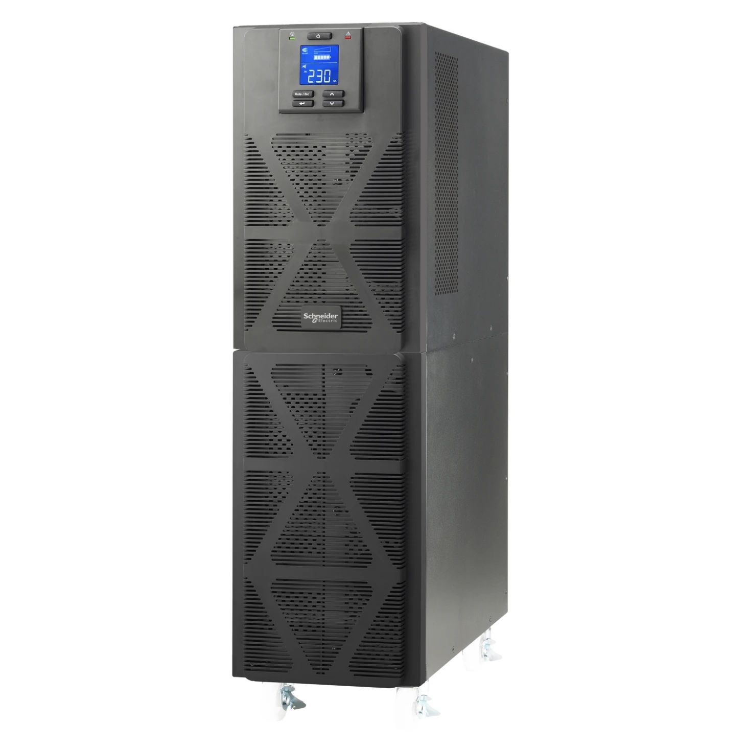 UPS Schneider Electric nero con display LCD e ruote.