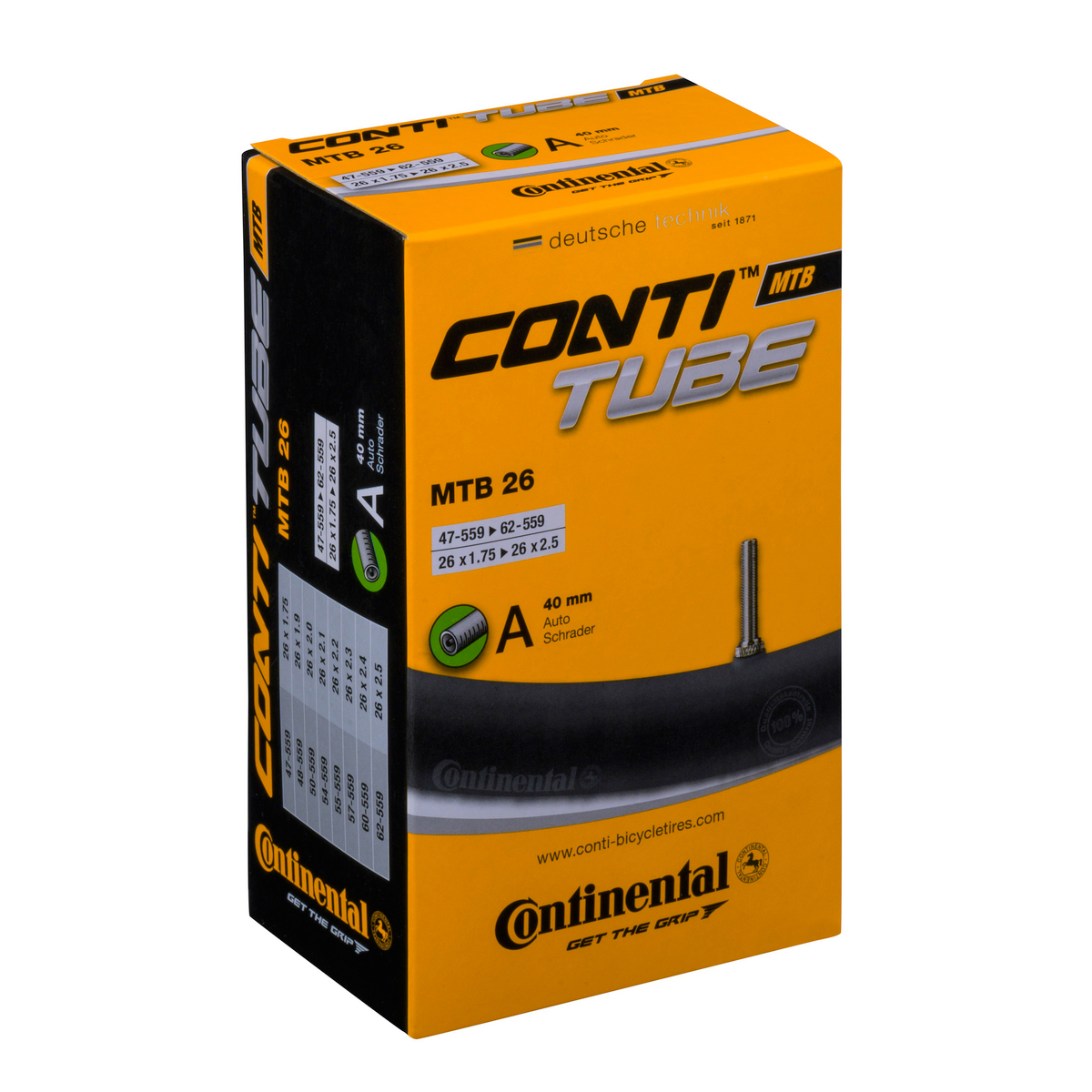 Pudełko dętek rowerowych Continental MTB 26 z wentylem samochodowym.