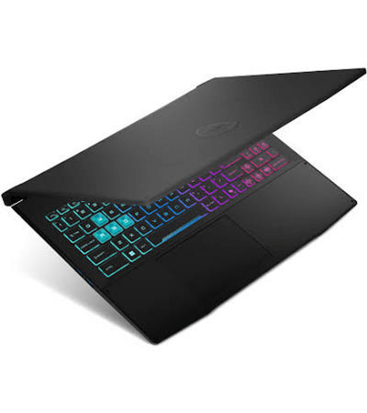 Portátil negro con teclado iluminado en azul y morado.