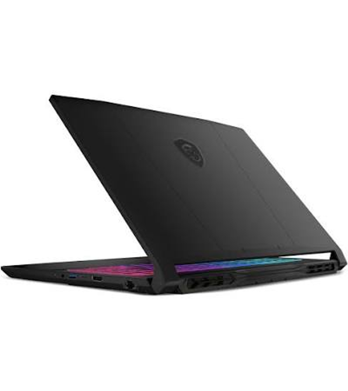 Portátil negro con teclado RGB, abierto y visto de lado.