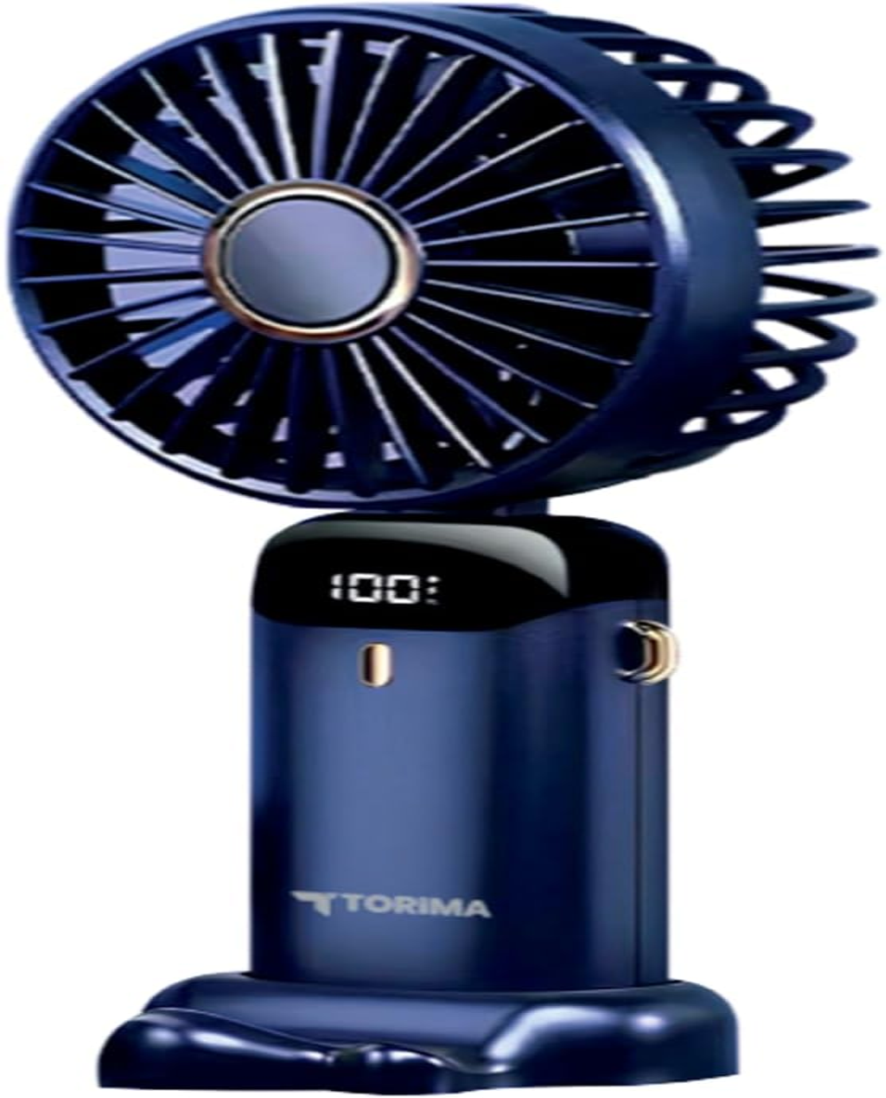 Gümüş merkezli ve LED ekranlı koyu mavi taşınabilir fan.