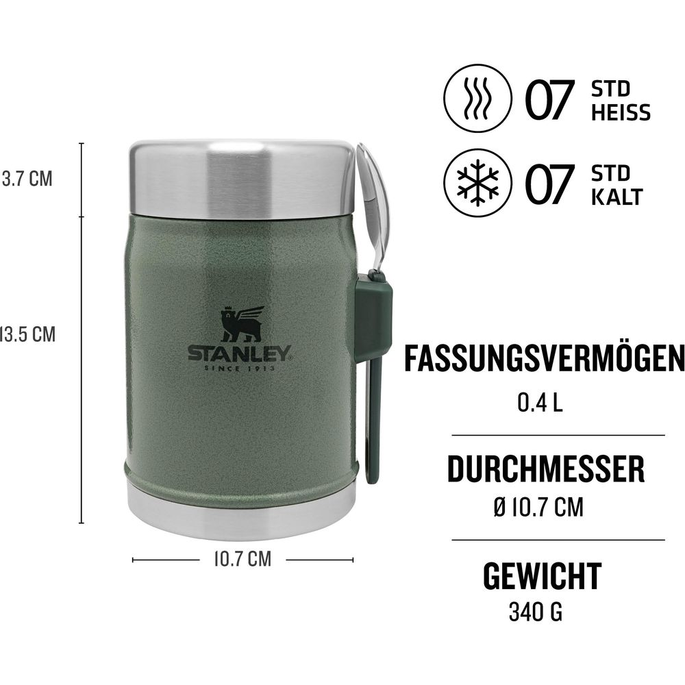 Yeşil Stanley Yemek Termosu kaşıklı, 0,4 L kapasite. Boyutlar 13,5 cm yükseklik, 10,7 cm çap.