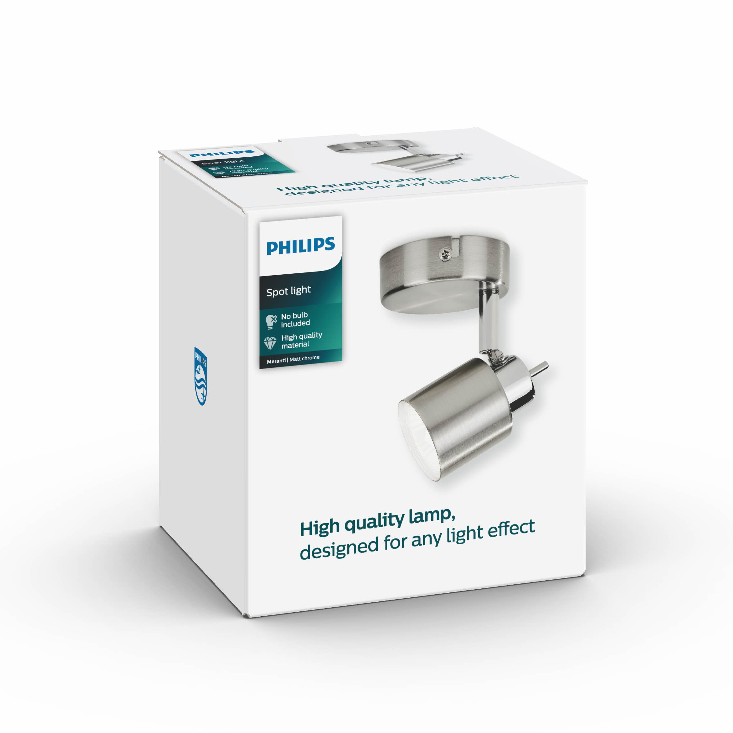 Confezione di un faretto Philips in metallo cromato opaco.