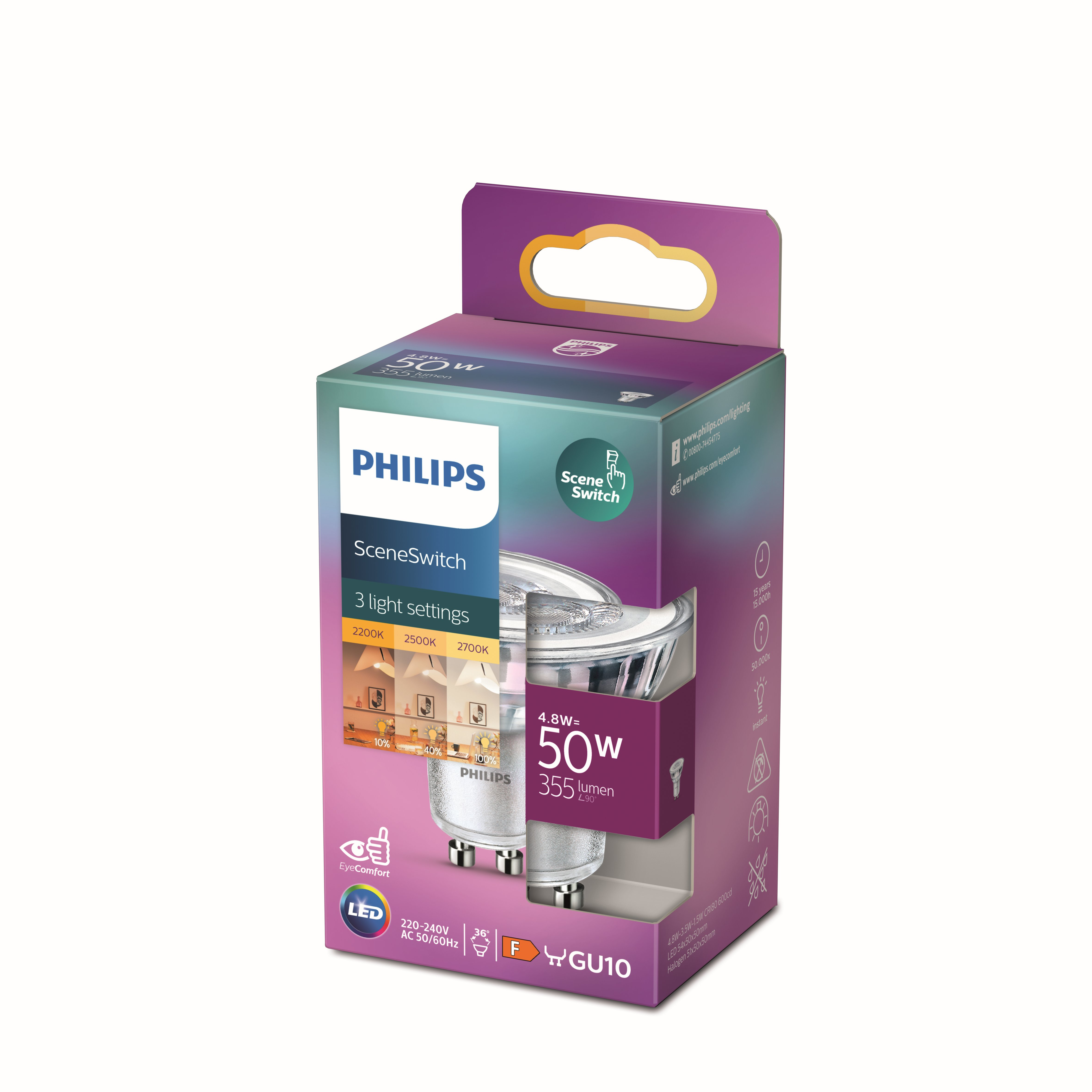 Lampadina LED Philips SceneSwitch GU10 con 3 impostazioni luce, 4,8W, 355lm.