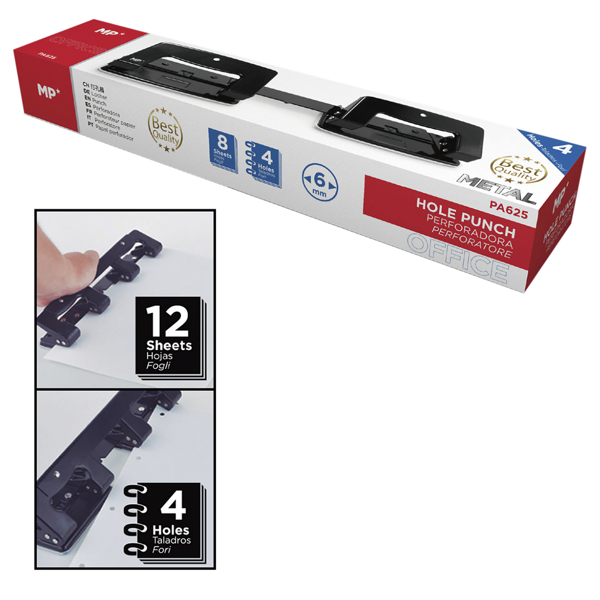Scatola di perforatrice in metallo, con scritte 'Best Quality', '8 Sheets', '4 Holes'.