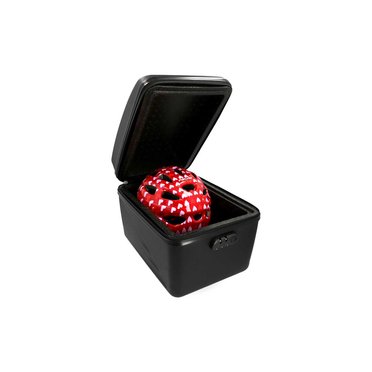Ein roter Helm mit Herzen in einer schwarzen Aufbewahrungsbox.