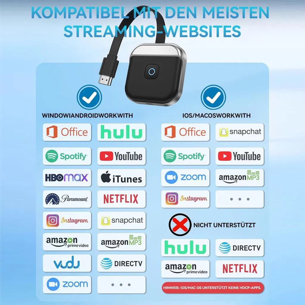 Gerät mit Kabel und Liste kompatibler Apps für Windows/Android und iOS/macOS.