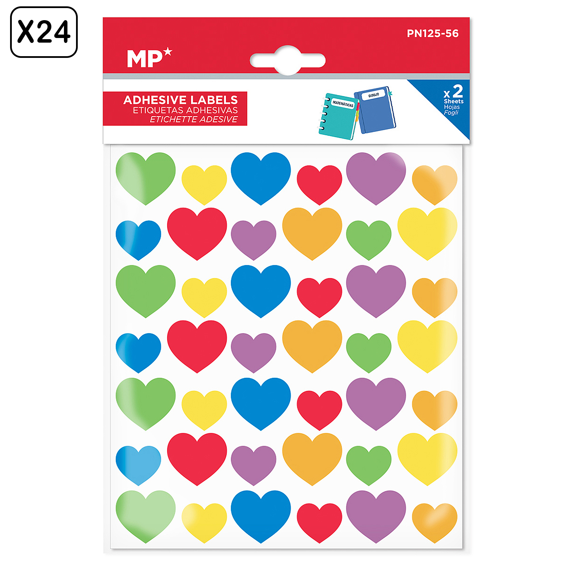 Paquete con coloridas pegatinas de corazón en verde, amarillo, azul, rojo y morado.