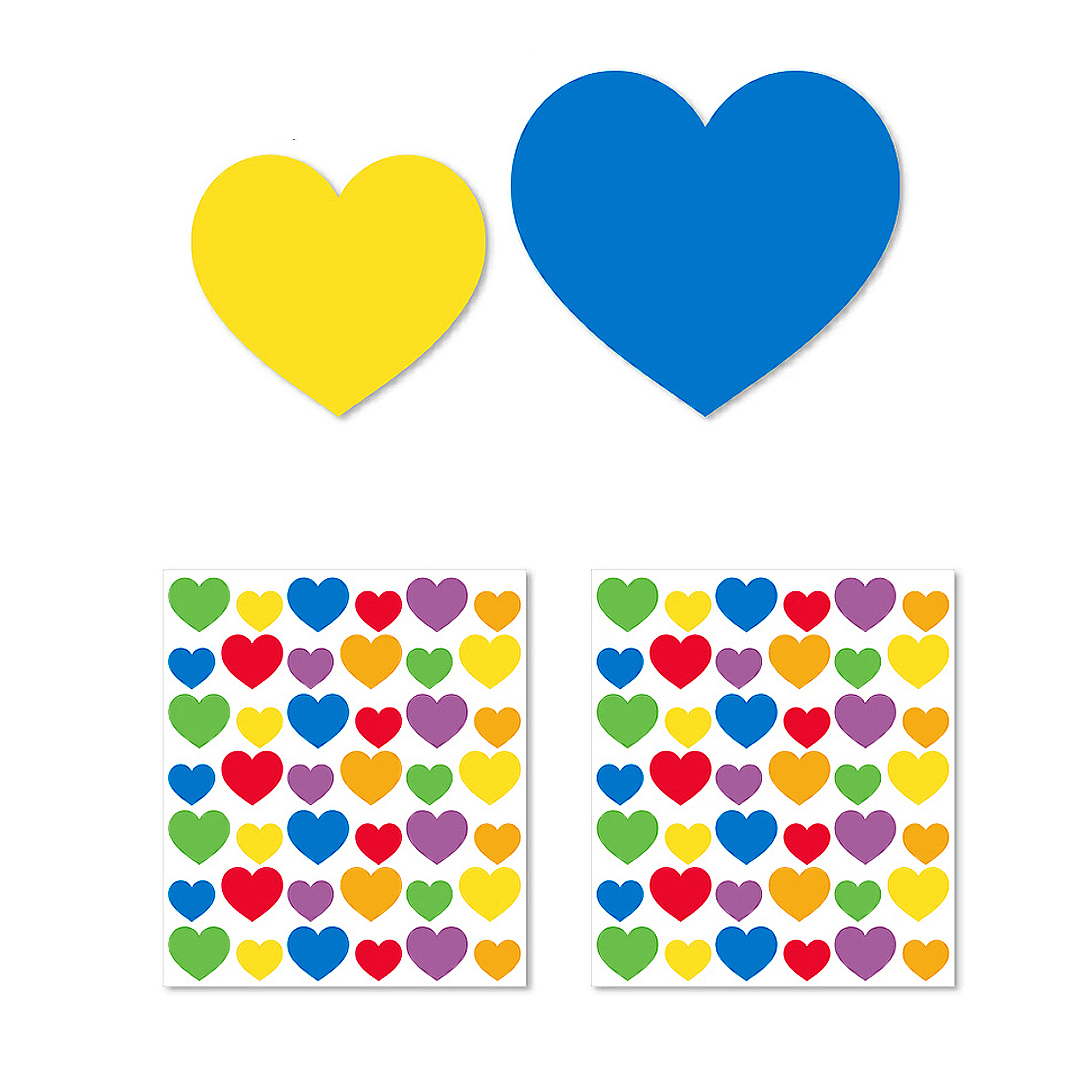 Dos corazones, uno amarillo y otro azul, y dos láminas de corazones coloridos.