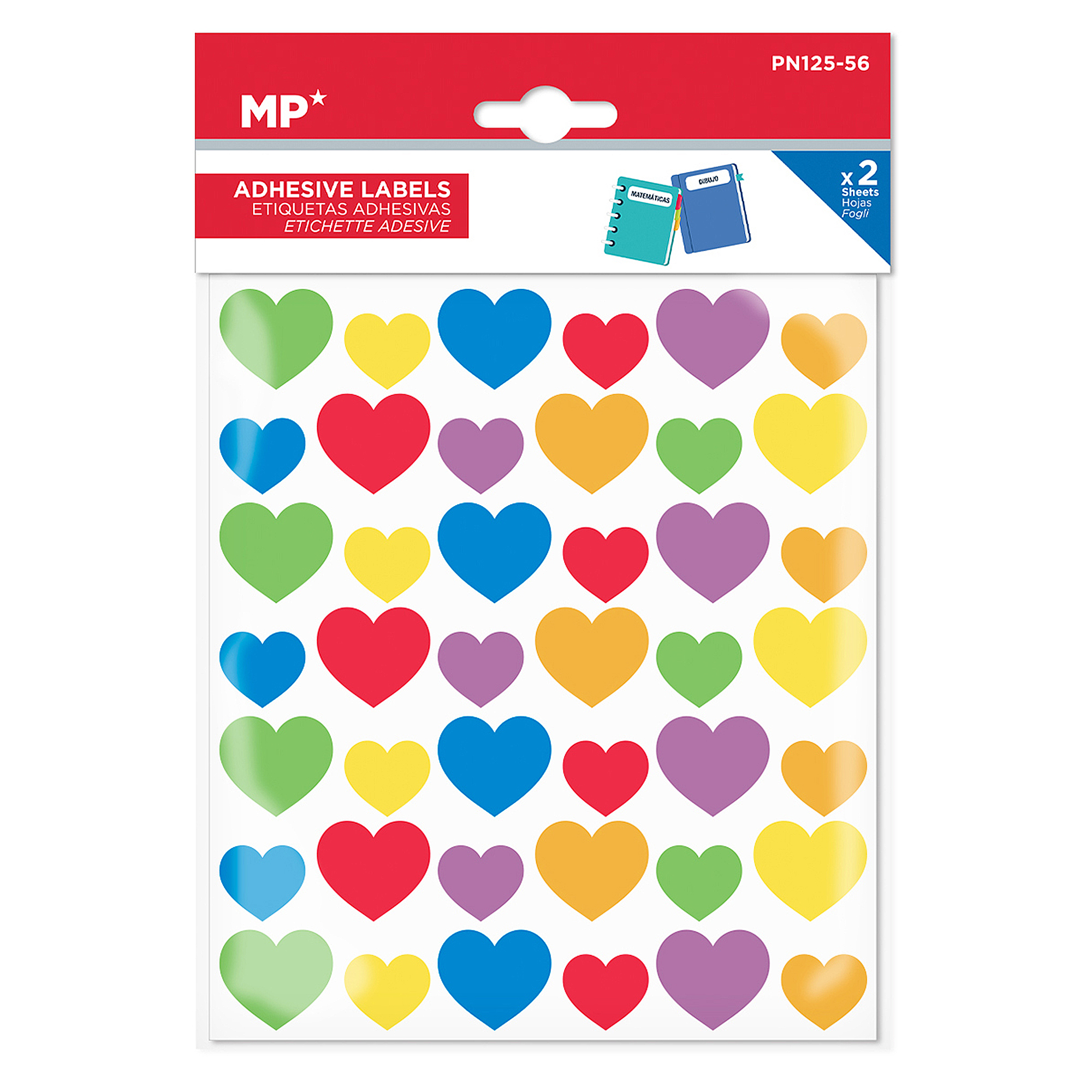 Una hoja de coloridas pegatinas de corazón en varios colores.