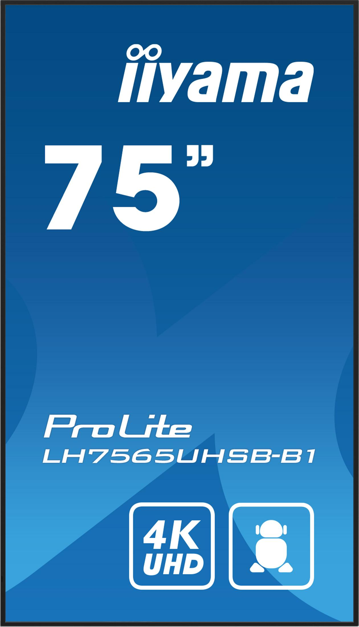 Iiyama 75 ProLite LH7565UHSB-B1, wyświetlacz 4K UHD z ikoną humanoida.