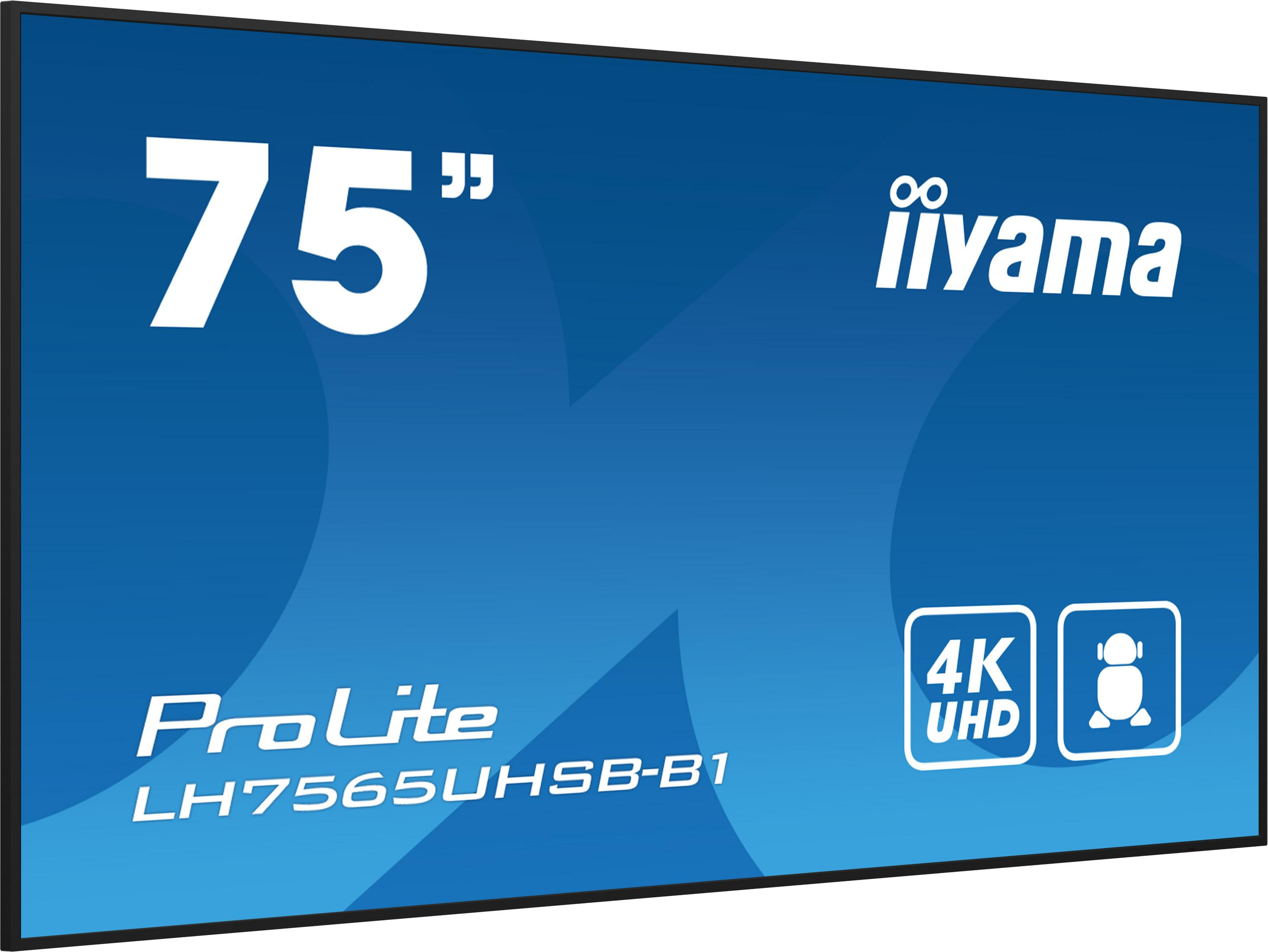 75-calowy monitor iiyama ProLite LH7565UHSB-B1 4K UHD z niebieską grafiką tła.