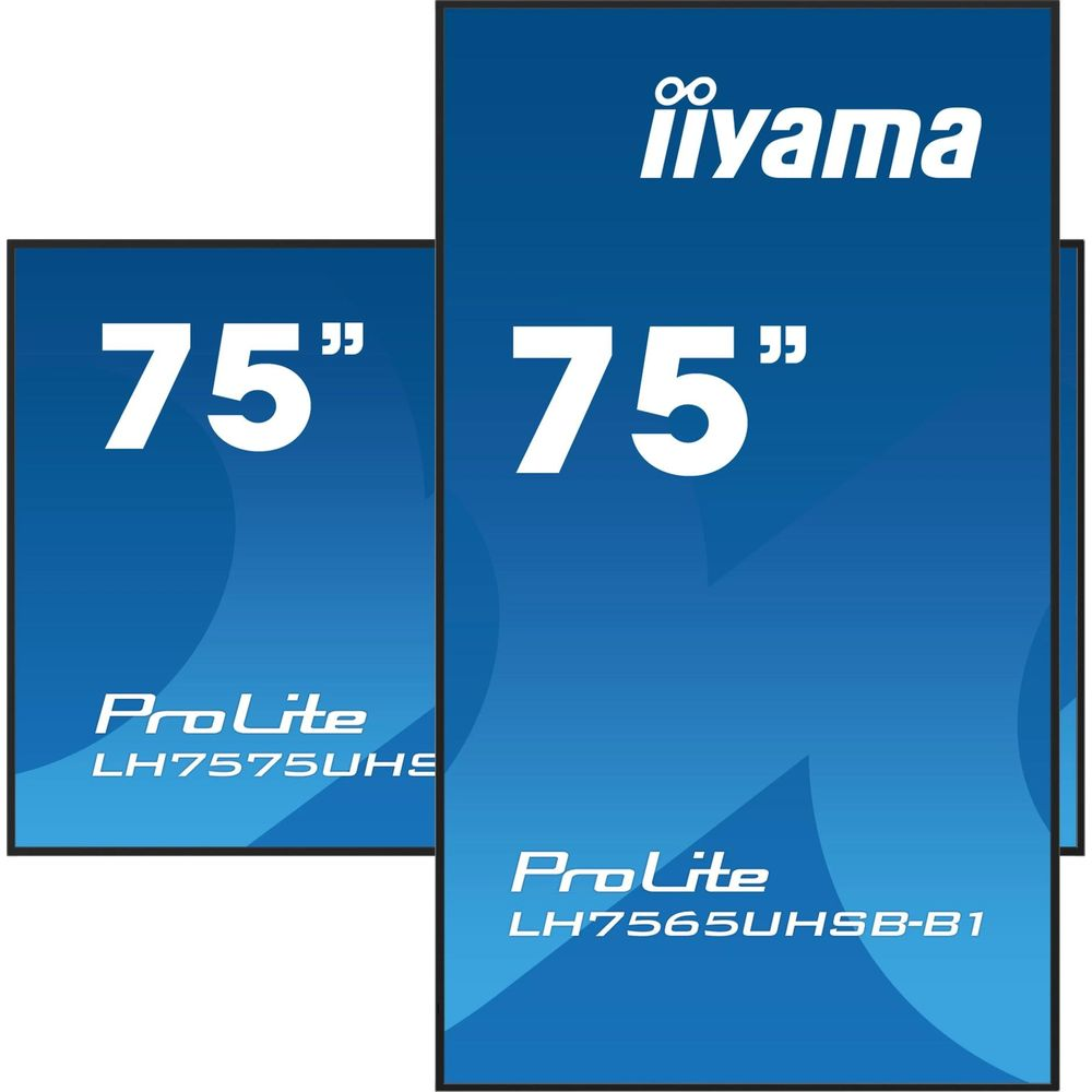 Dwa wyświetlacze Iiyama ProLite 75-calowe, modele LH7575UHS i LH7565UHSB-B1.