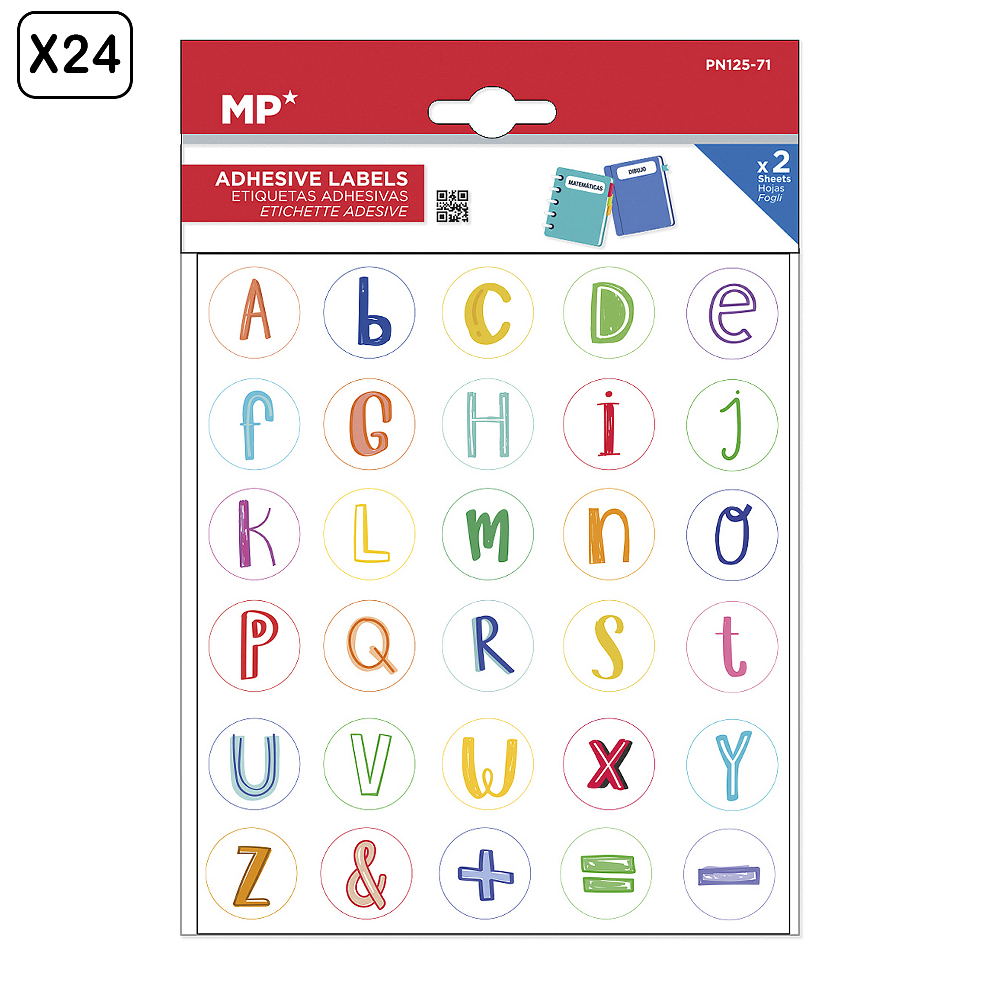 Foglio di adesivi con lettere A-Z, simboli e numeri in cerchi colorati.
