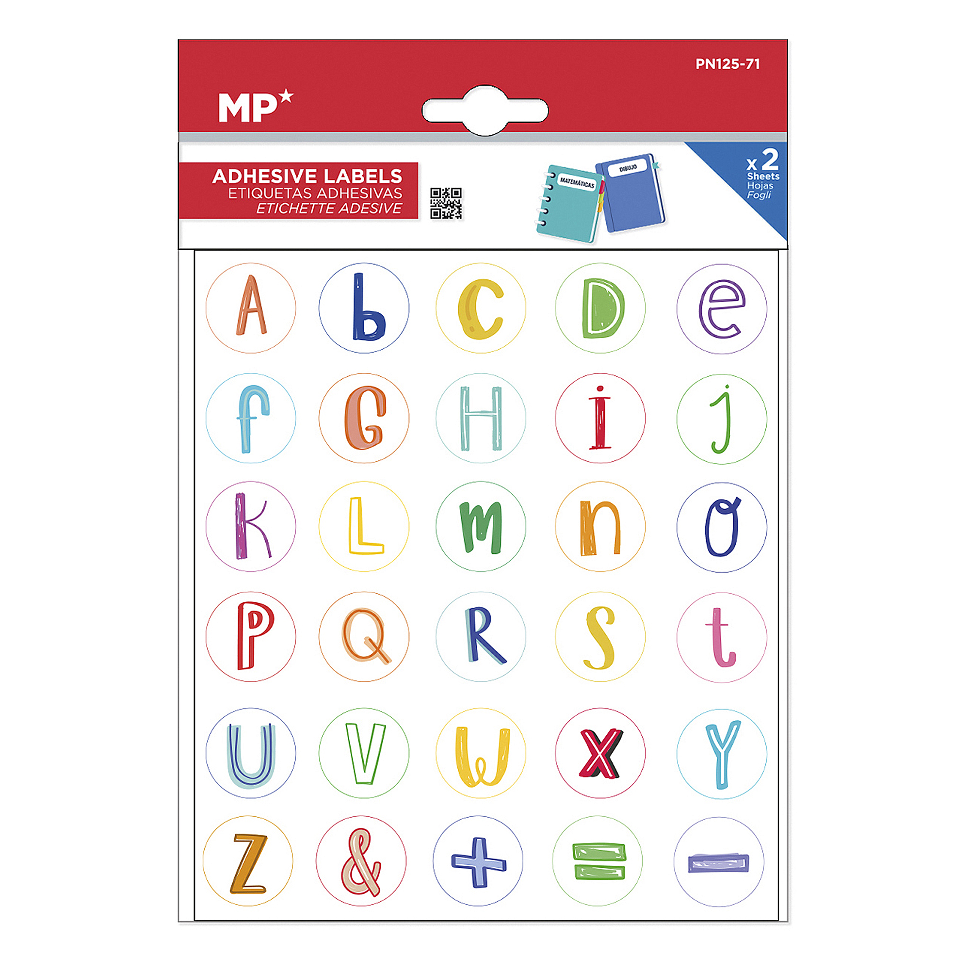 Confezione di adesivi con lettere colorate A-Z, simboli e numeri.