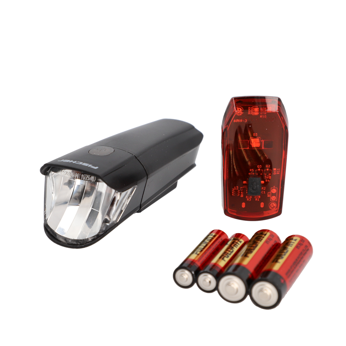Ein schwarzer Fahrradscheinwerfer, ein rotes Rücklicht und vier Batterien.