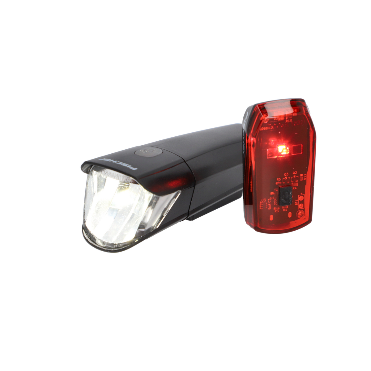 Schwarzer Fahrradfrontscheinwerfer und rotes Rücklicht auf weißem Grund.