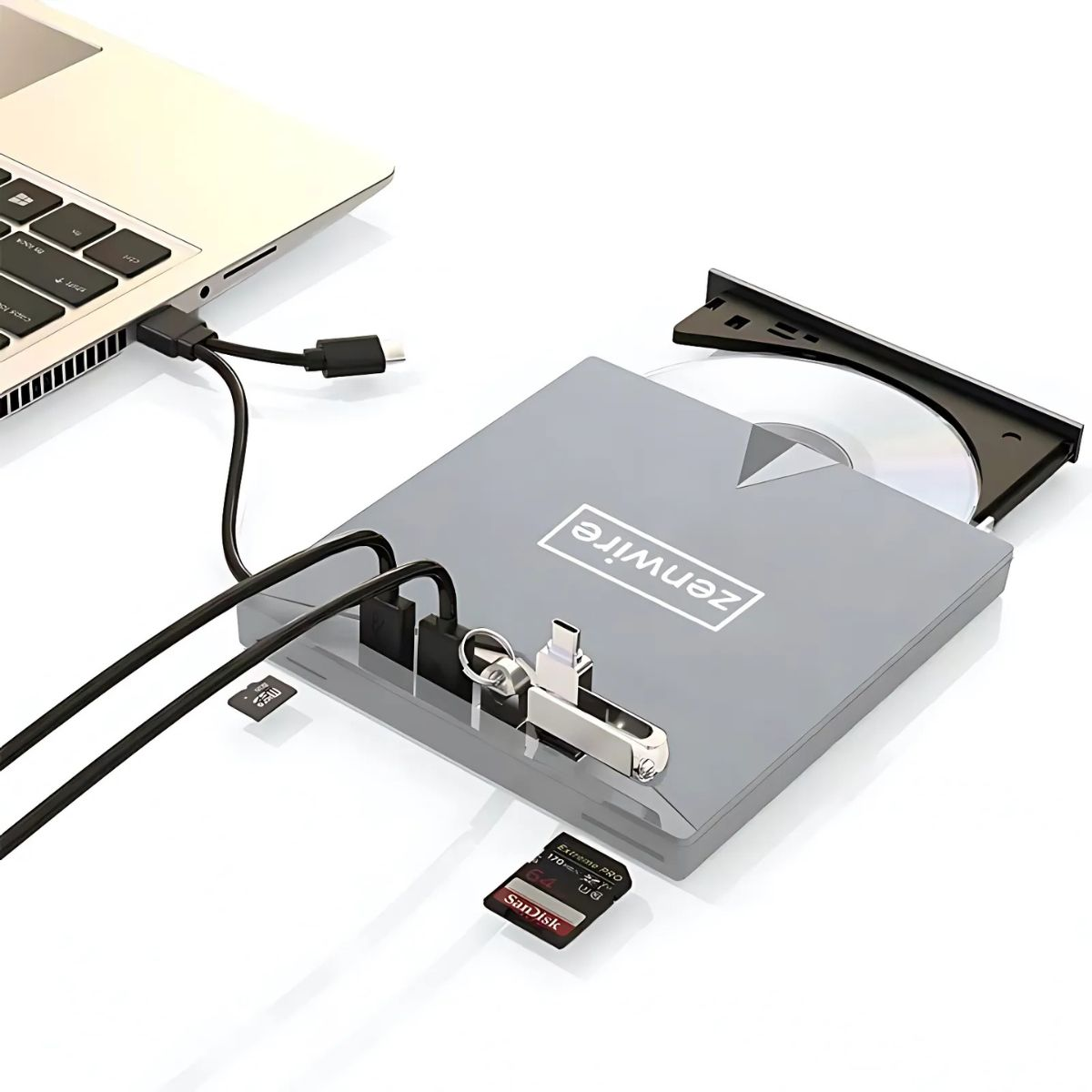 Laptop łączy się z zewnętrznym napędem CD przez USB-C.