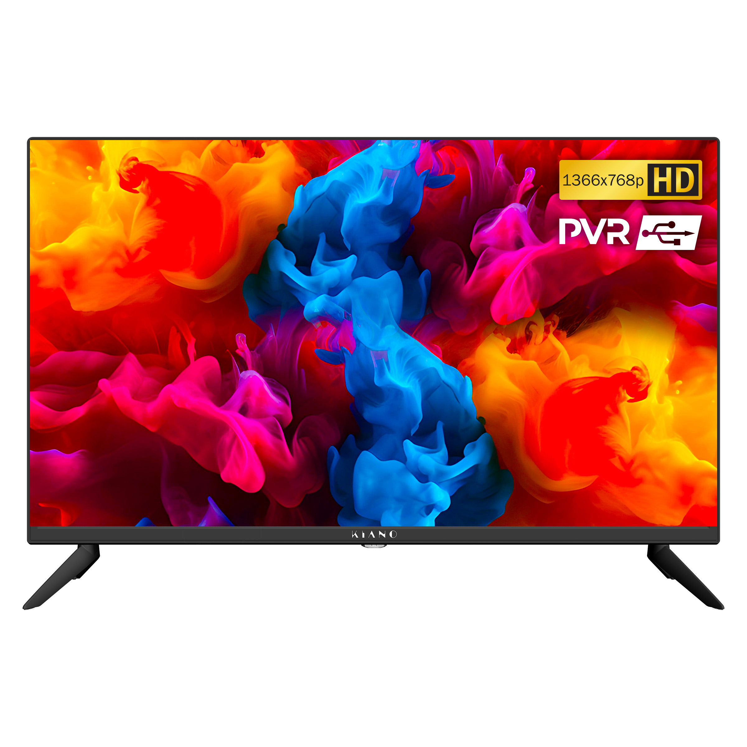 Telewizor Kiano z kolorową sztuką abstrakcyjną i logo HD PVR.