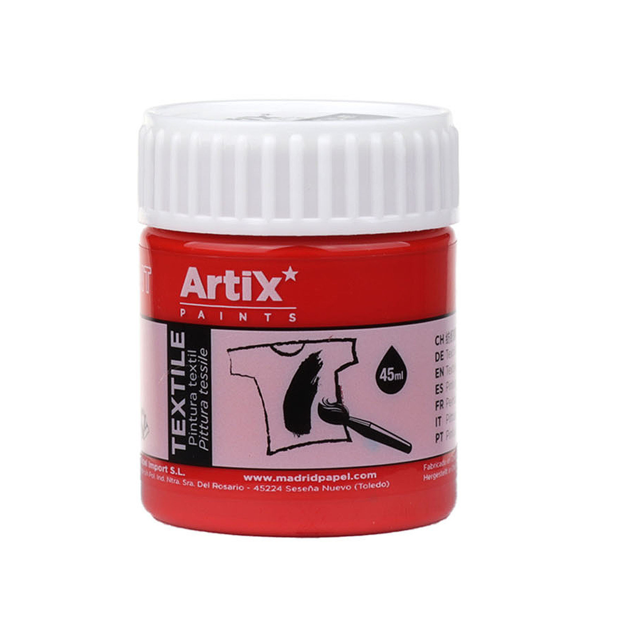 Botella roja Artix Paints Textile, 45ml, con pincel sobre gráfico de camiseta.