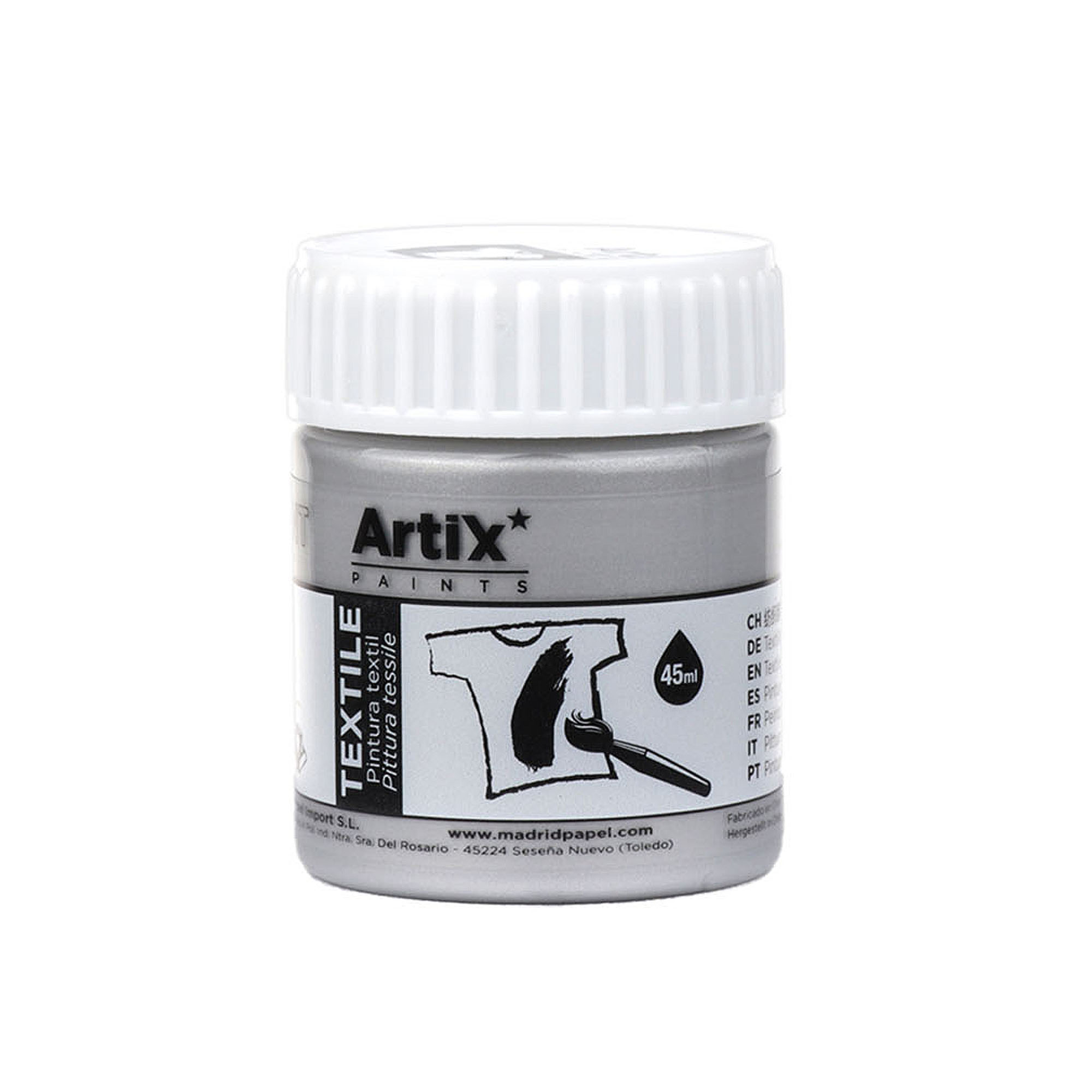 Flacone grigio di vernice tessile Artix, 45ml, con disegno pennello e maglietta.