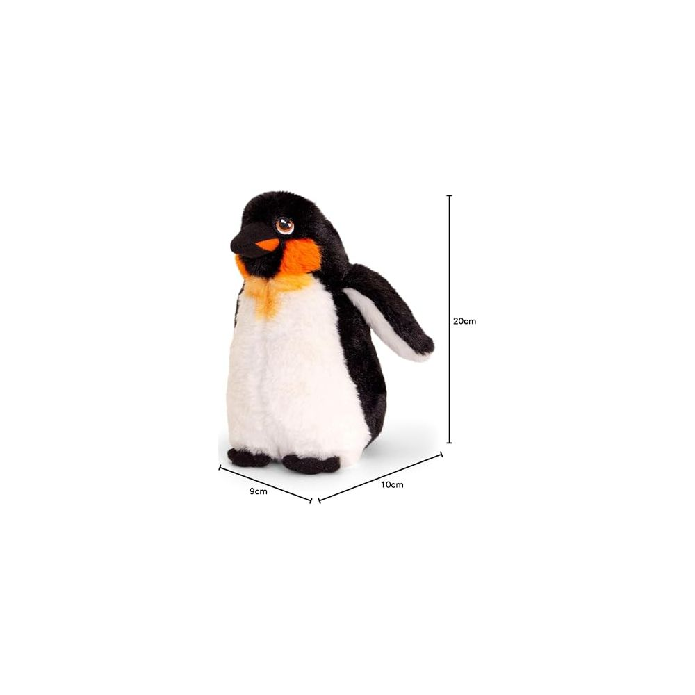Un piccolo pinguino di peluche con accenti arancioni su sfondo bianco.