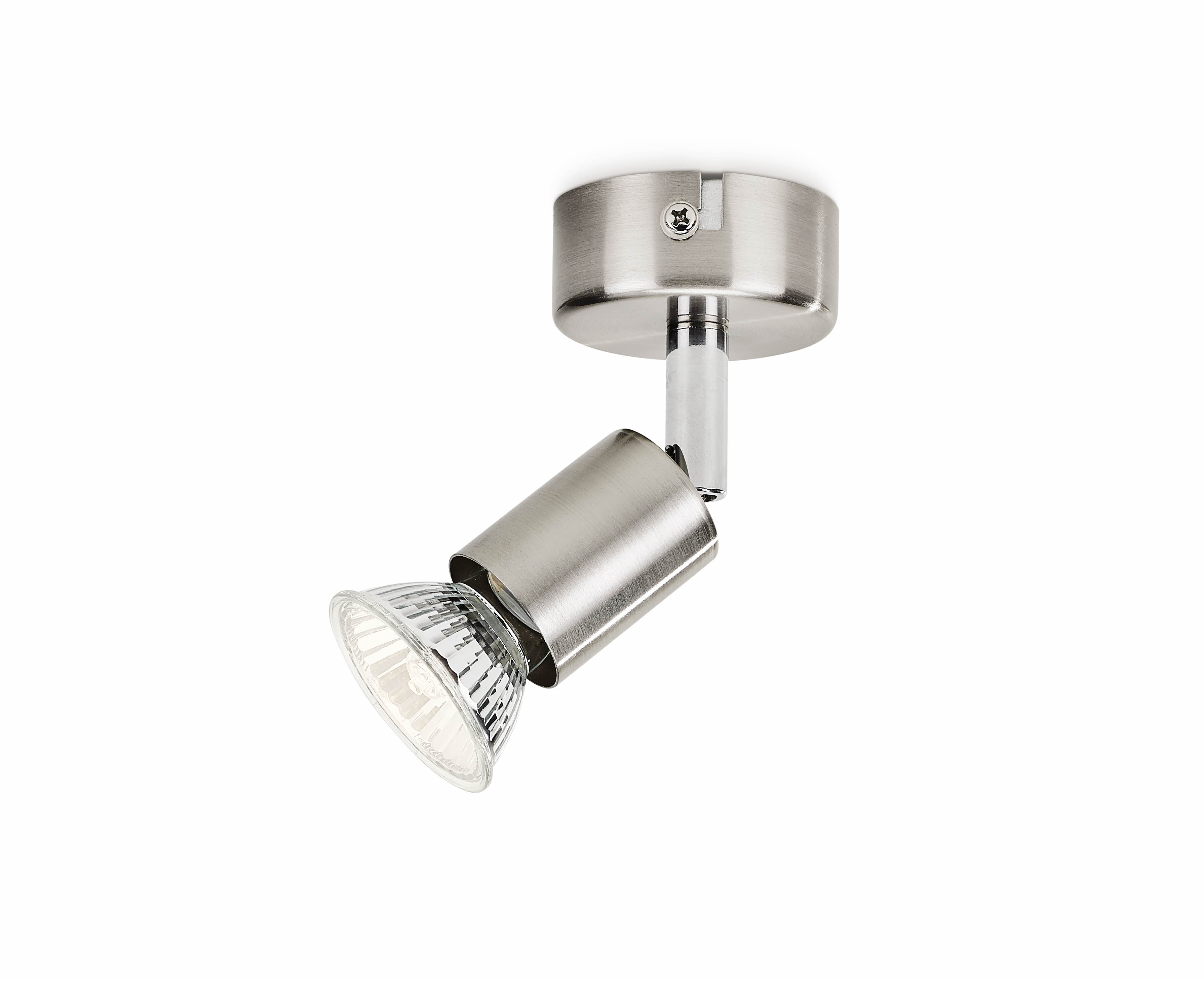 Faretti da soffitto argentati con snodo regolabile e riflettore in vetro.