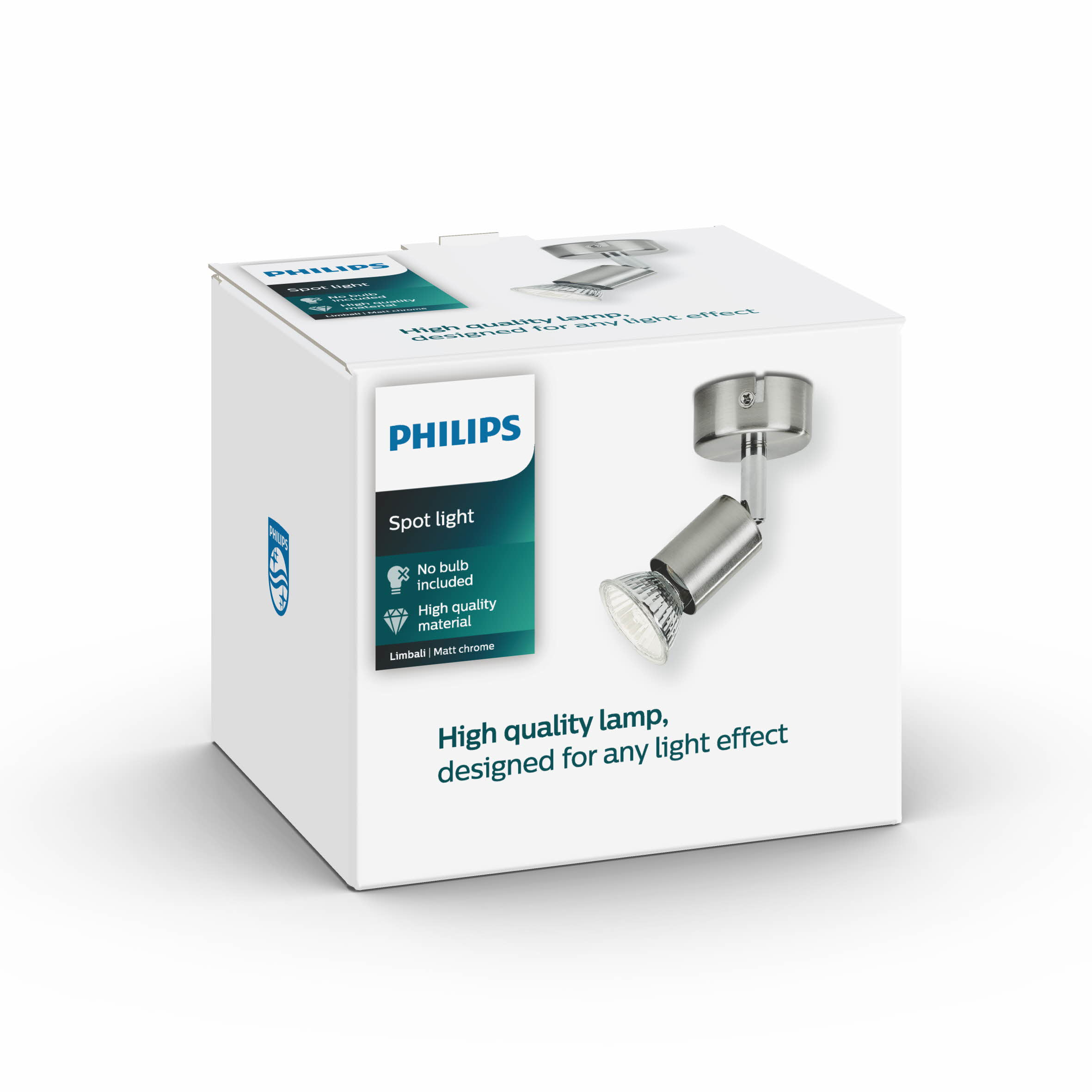 Confezione di faretto Philips in metallo, finitura cromo opaco.